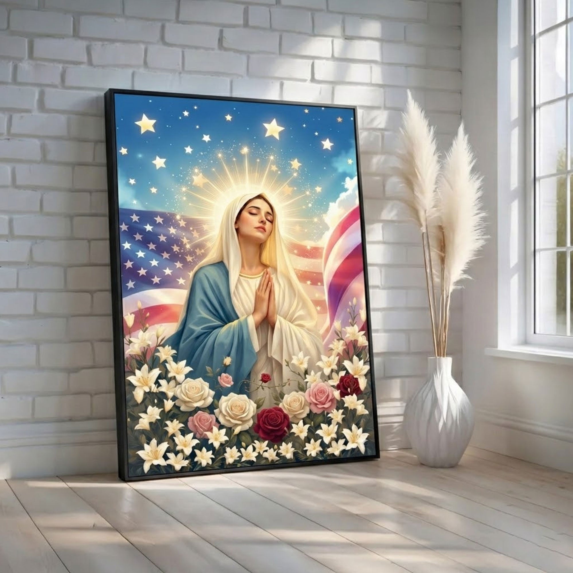 Virgin Mary Prayer Canvas Print, Blessed Mother Wall Art, Faith and Protection Artwork, Patriotic Christian Decor, Inspirational Spiritual Gift
