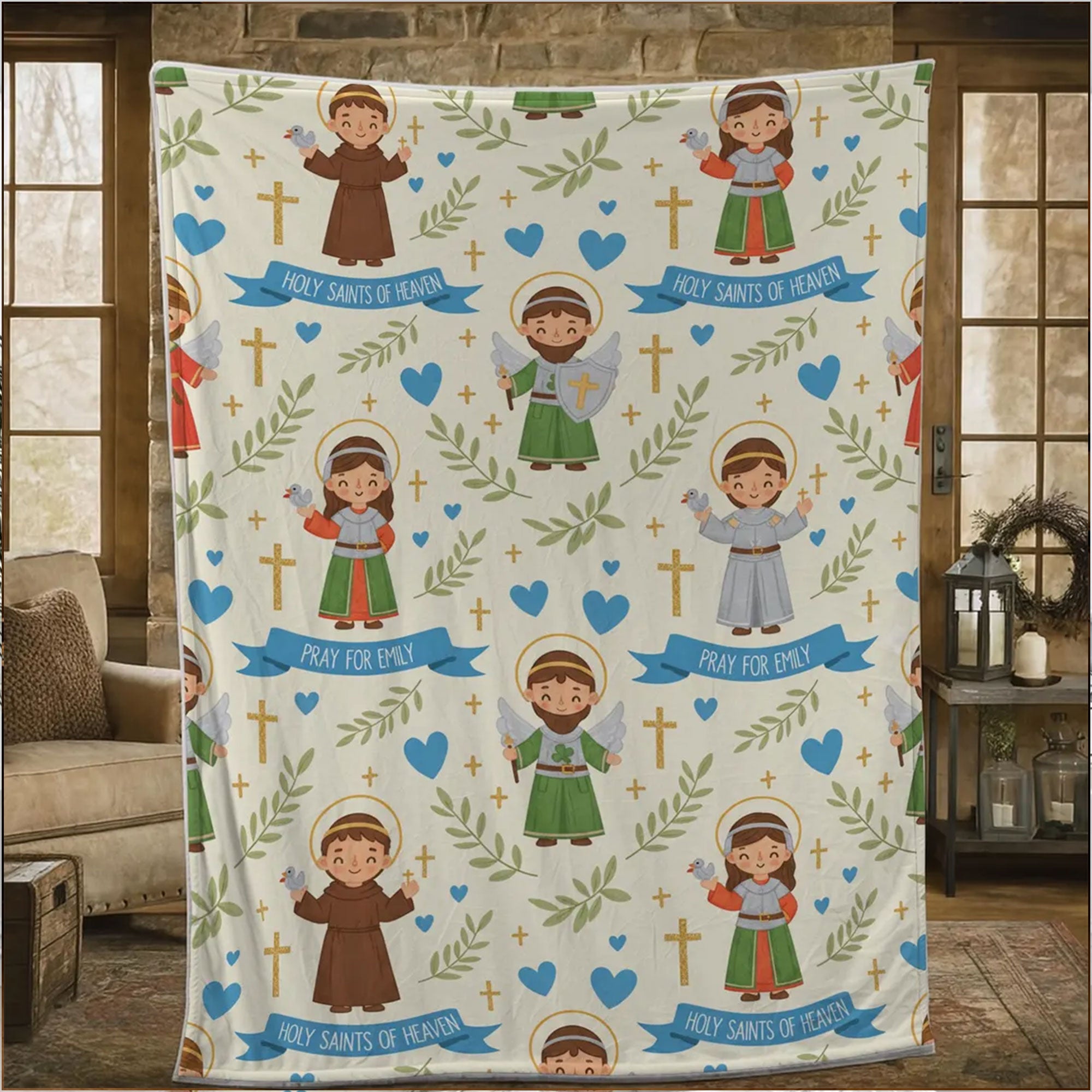 Custom Catholic Saints Fleece Blanket, Personalized Religious Throw, Holy Saint Illustrations, Christian Gift, Faith Home Decor