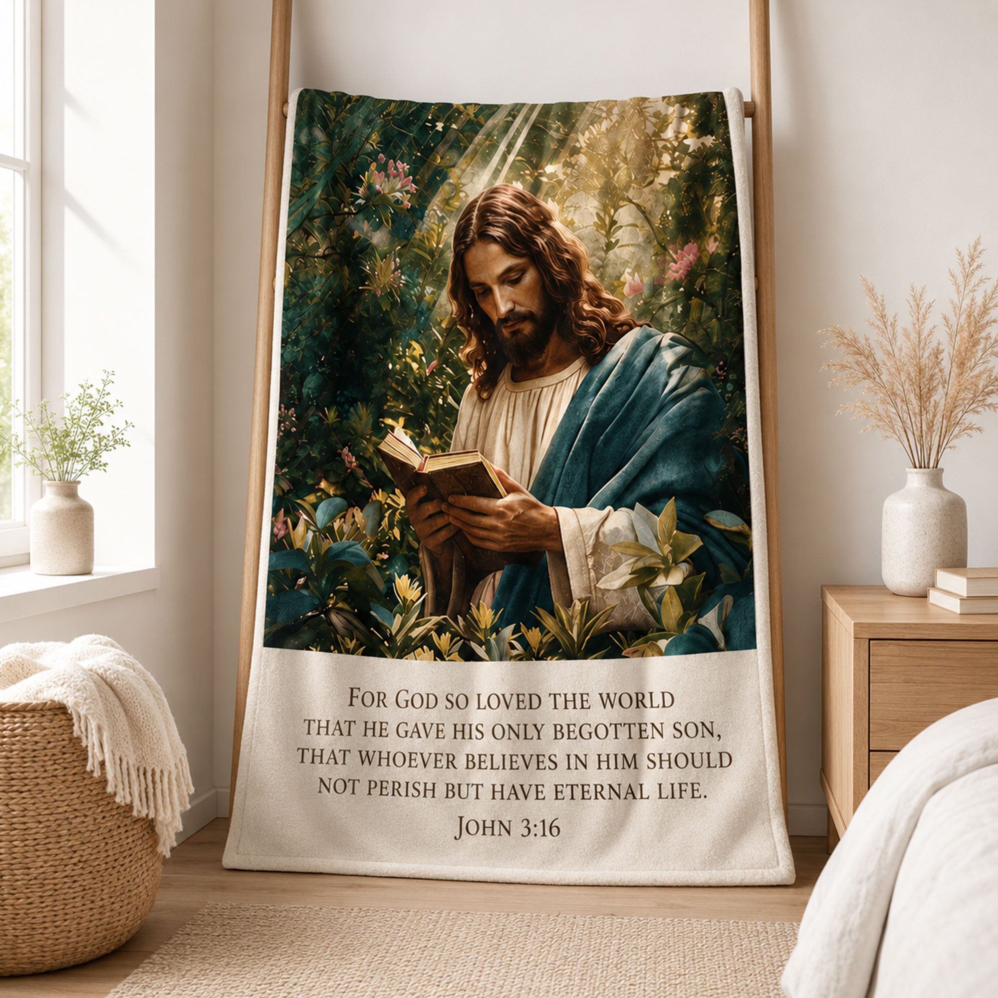 Jesus Reading Bible Fleece Blanket, John 3:16 Christian Throw, Scripture Faith Gift