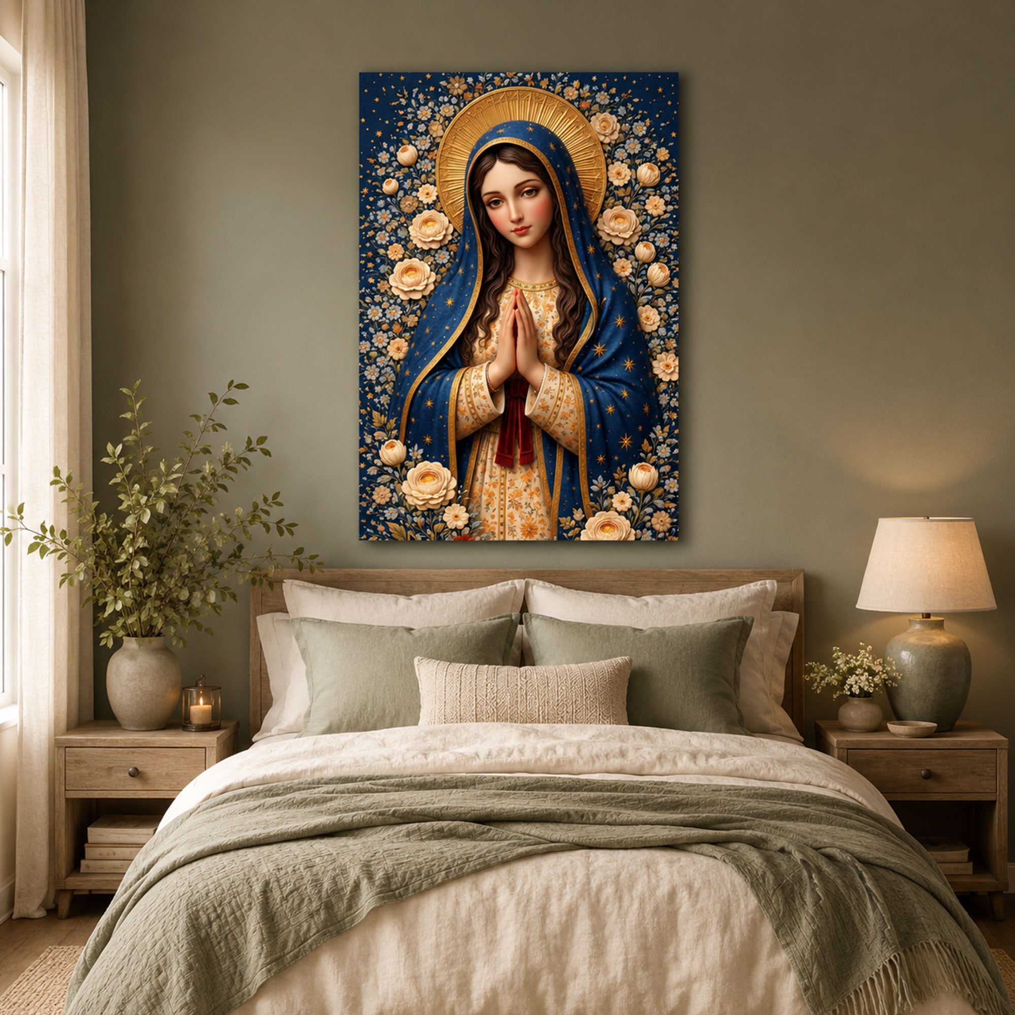 Blessed Virgin Mary Canvas Print, Floral Christian Wall Art, Peaceful Catholic Faith Decor, Heavenly Home Artwork