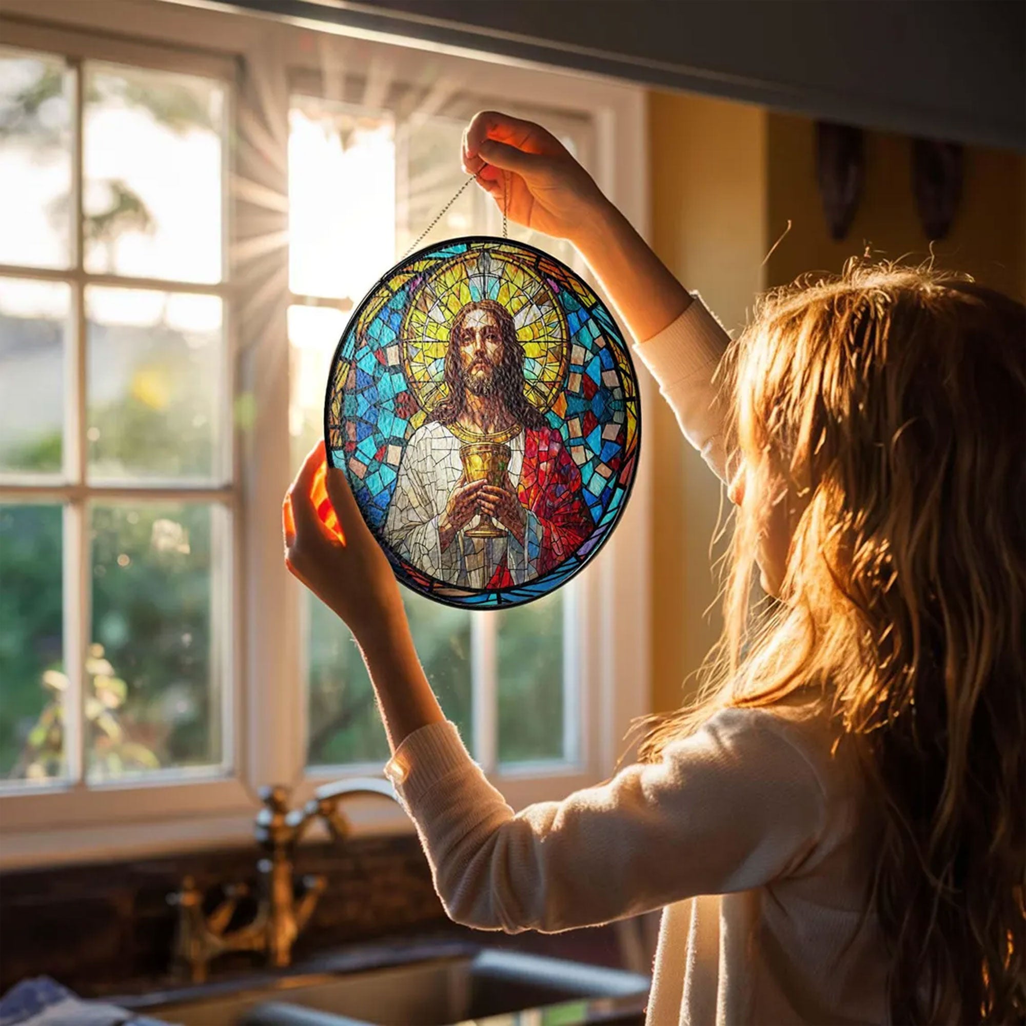 Jesus Christ Stained Glass Suncatcher, Christian Window Hanging Decor, Religious Faith Gift, Spiritual Home Ornament