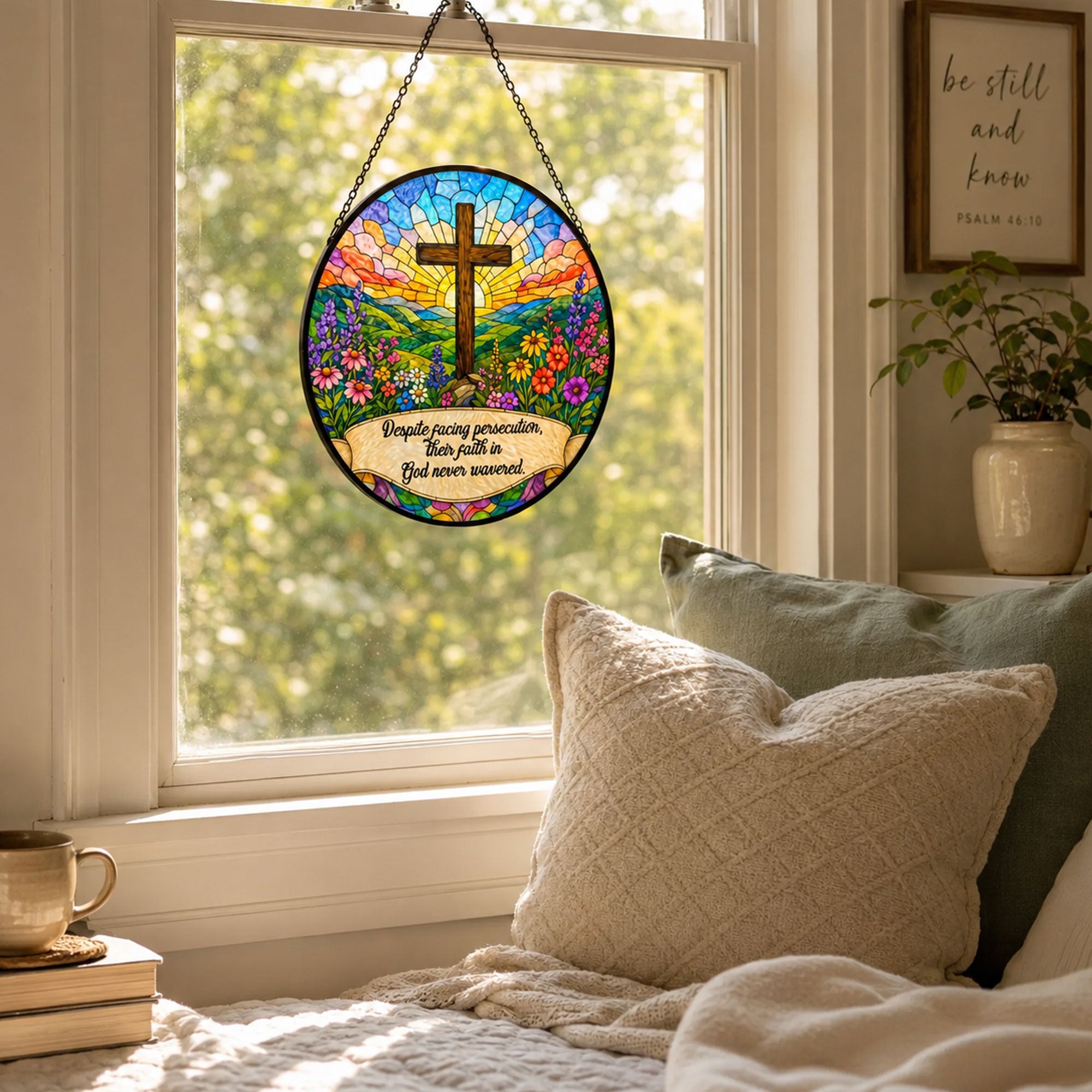 Unwavering Faith Christian Cross Suncatcher, Despite Persecution Inspirational Window Hanging, Religious Gift