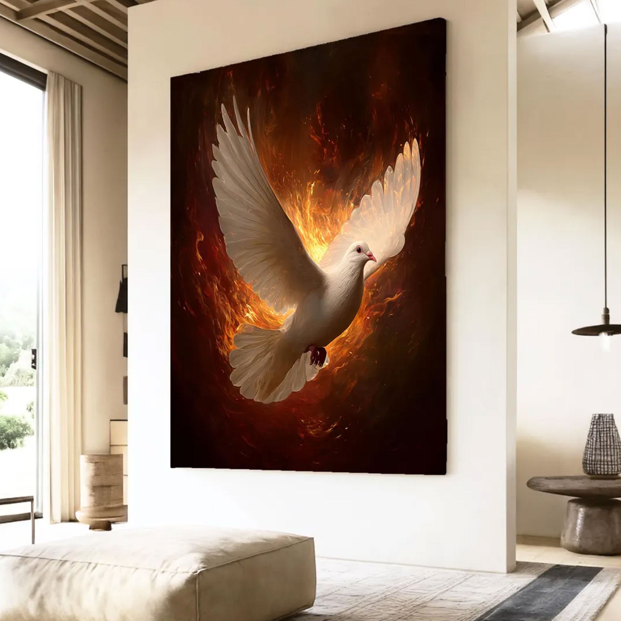 Holy Spirit Dove Fire Canvas Print, Pentecost Christian Wall Art, Divine Power Faith Decor, Sacred Religious Artwork