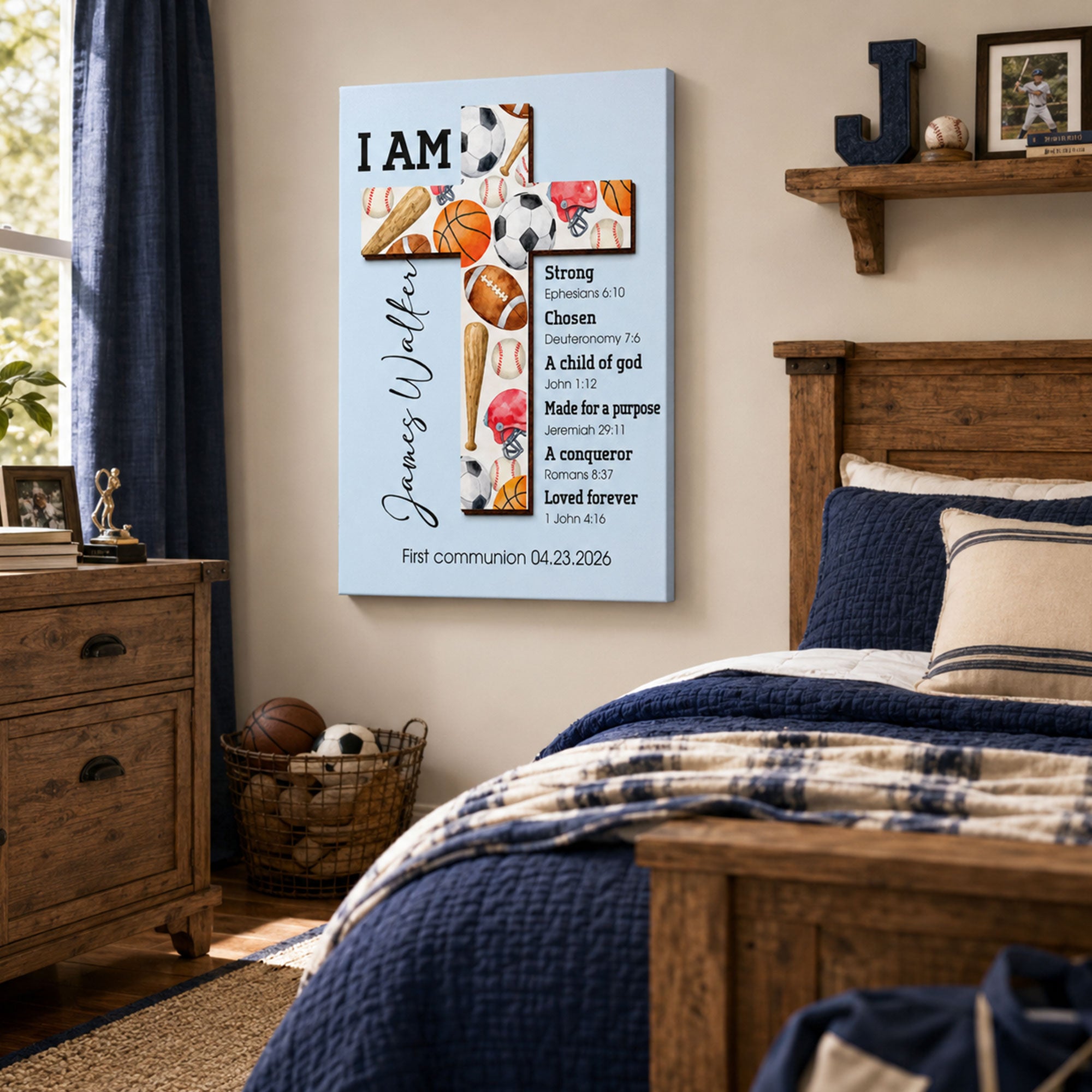 Custom First Communion Gift for Boy, Personalized Sports Cross Canvas Print, Christian Bible Verse Keepsake, Baptism Confirmation Gift