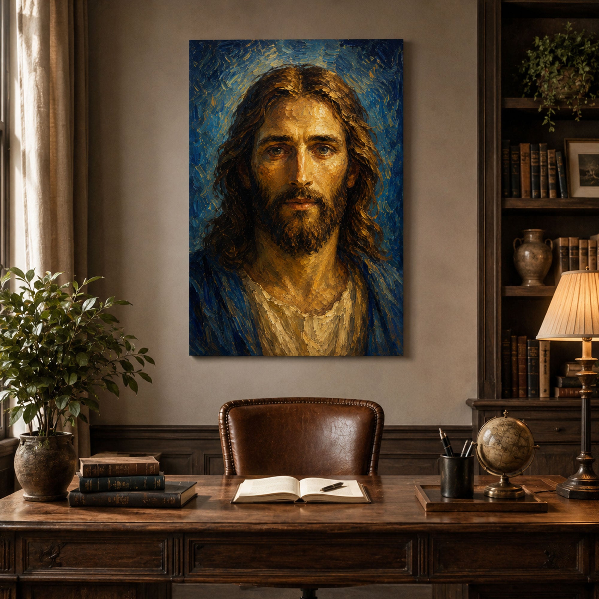 Jesus Christ Portrait Canvas Print, Blue Golden Christian Wall Art, Sacred Faith Home Decor