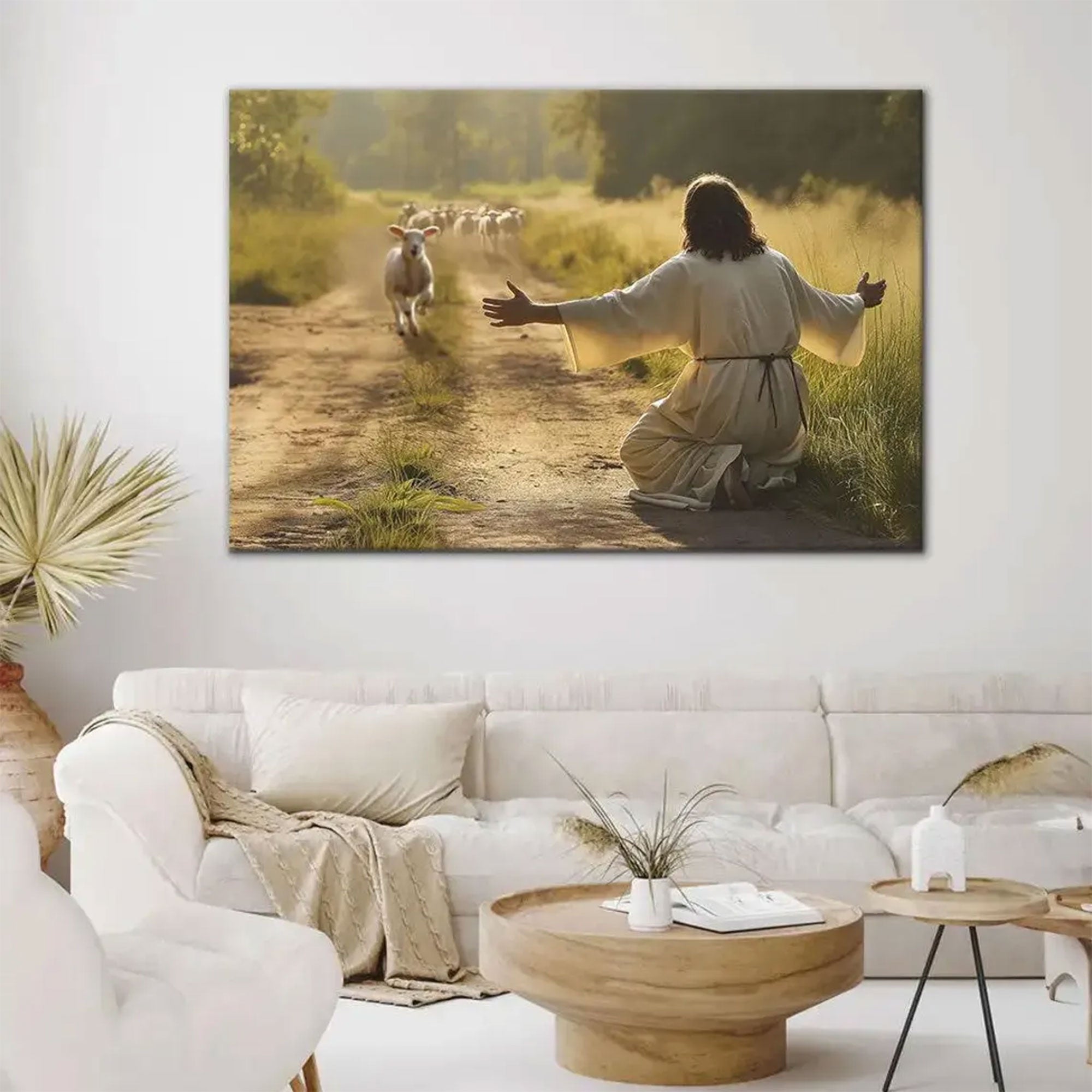 Lamb Runs to Jesus Canvas, Inspirational Christian Wall Art, Jesus and Lamb Religious Decor
