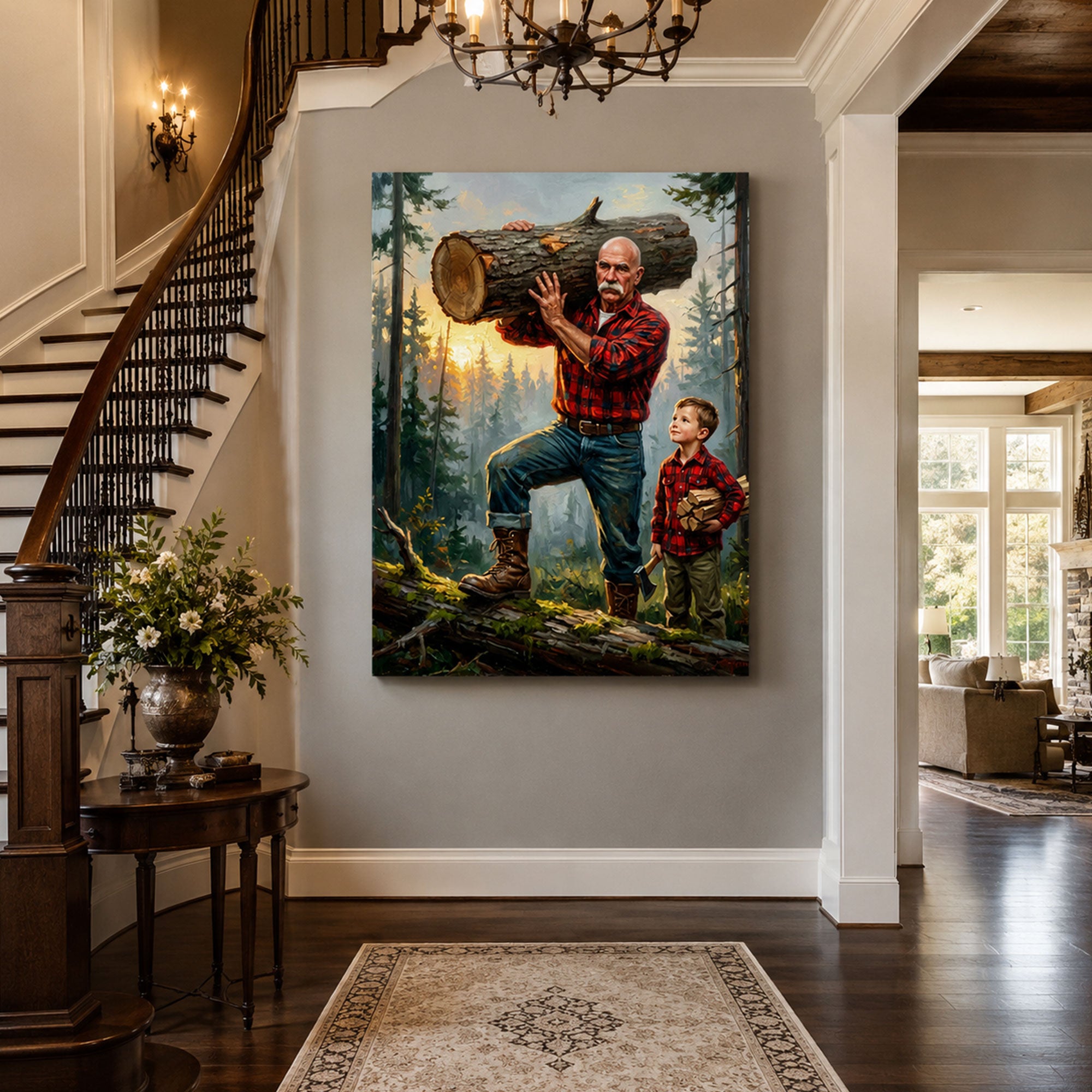 Custom Lumberjack Grandpa Canvas Print, Personalized Grandfather And Grandkids Portrait, Rustic Wall Art Gift