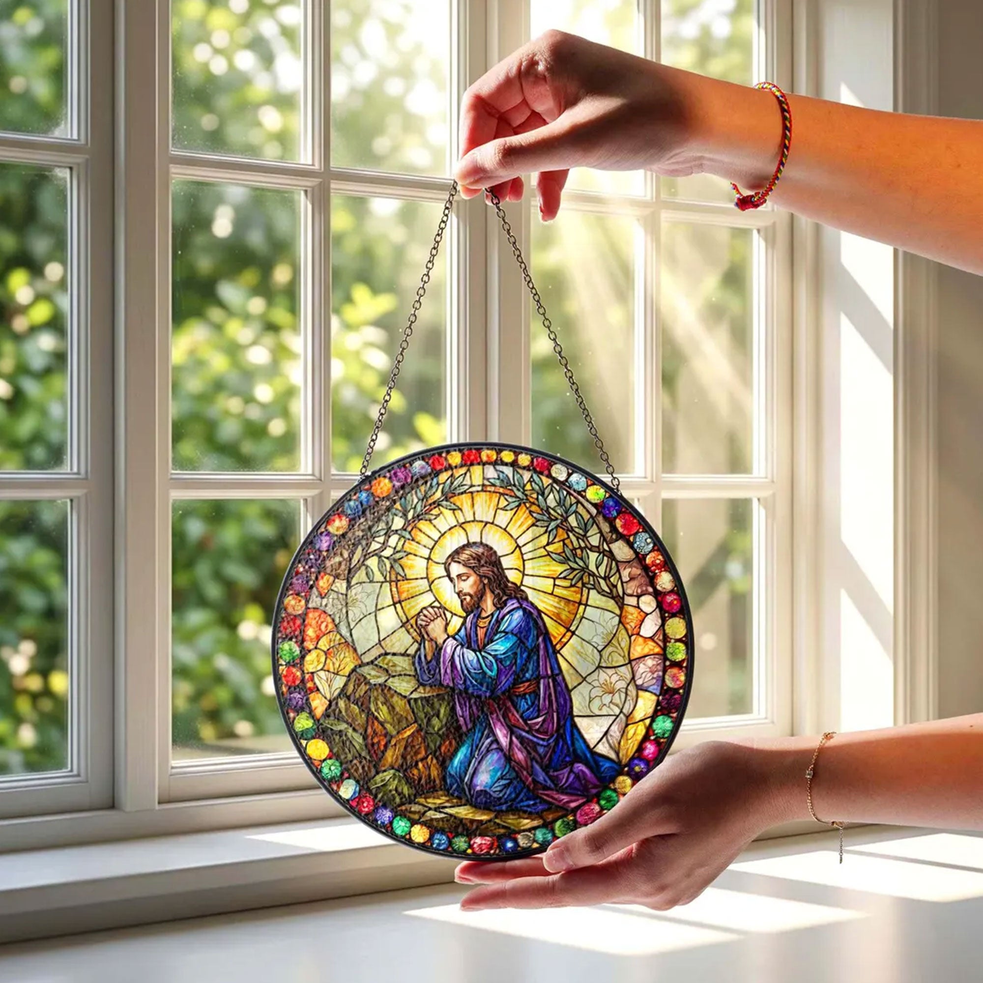 Divine Mercy Jesus Stained Glass Suncatcher, Catholic Window Hanging Decor, Sacred Heart Christian Faith Gift
