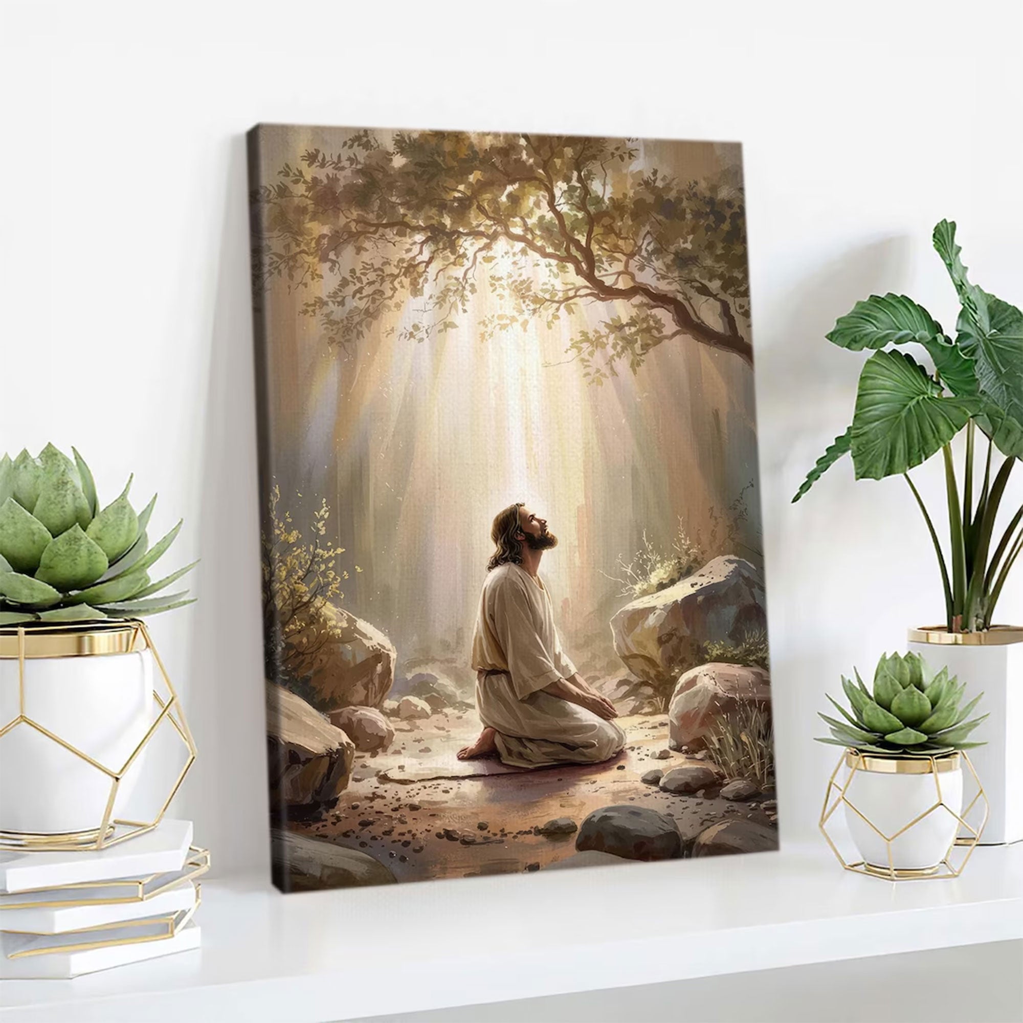 Jesus Praying in Garden of Gethsemane Canvas Wall Art – Christian Prayer Artwork, Religious Home Decor