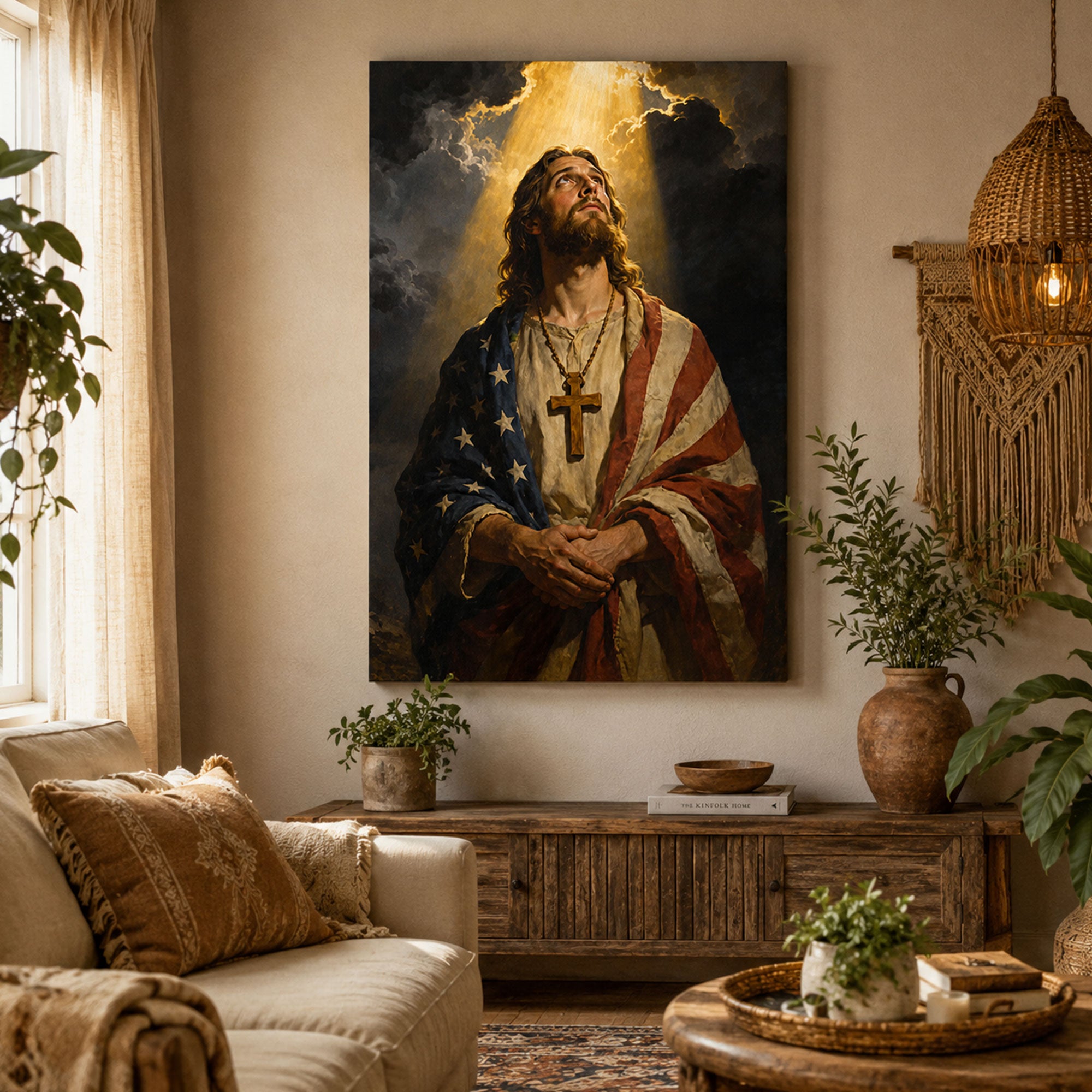 Patriotic Jesus Christ Canvas Print, American Flag Christian Wall Art, USA Faith Home Decor