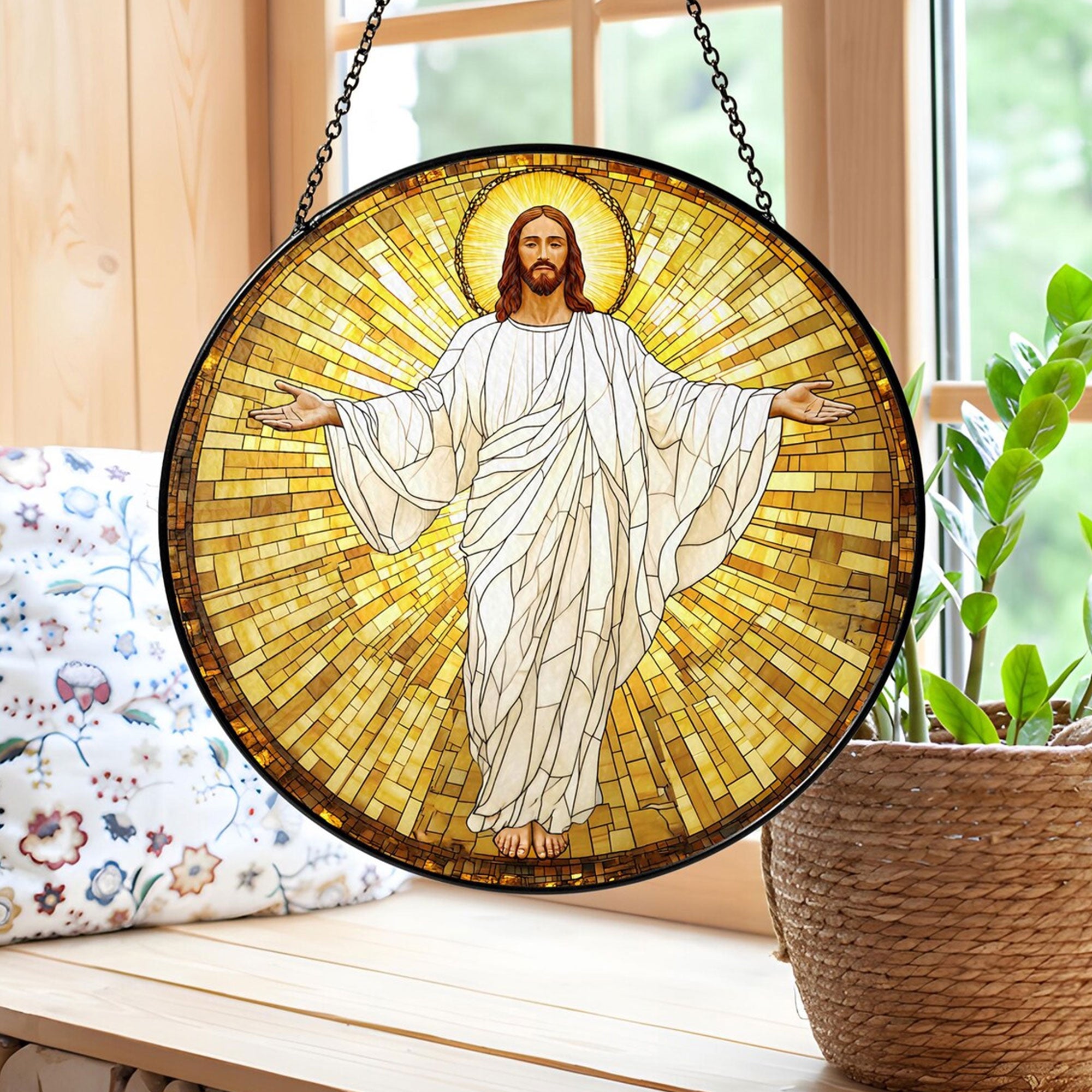 Jesus Christ Stained Glass Suncatcher, Christian Window Hanging Decor, Religious Faith Gift, Spiritual Home Ornament