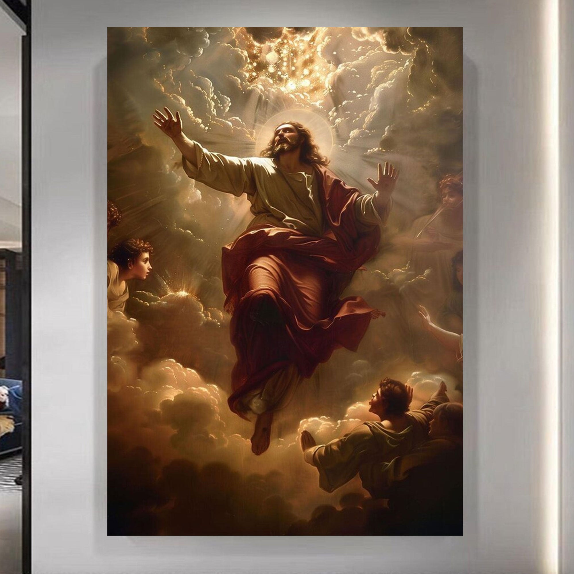 Ascending Christ Canvas Print, Christian Wall Art, Divine Light Decor, Heavenly Clouds Scene