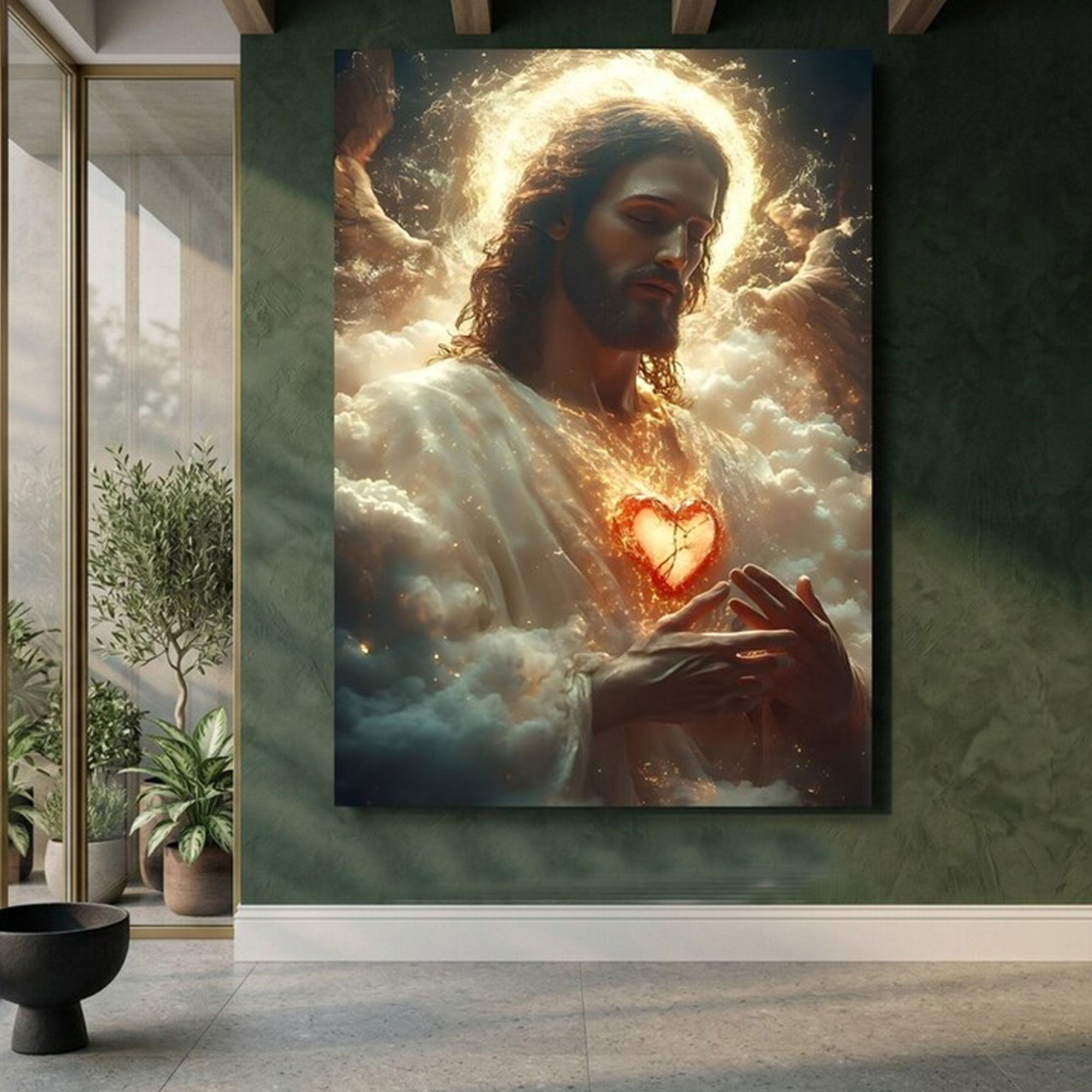 Sacred Heart of Jesus Canvas Print, Oversized Christian Wall Art, Illuminated Halo Portrait, Religious Home Decor