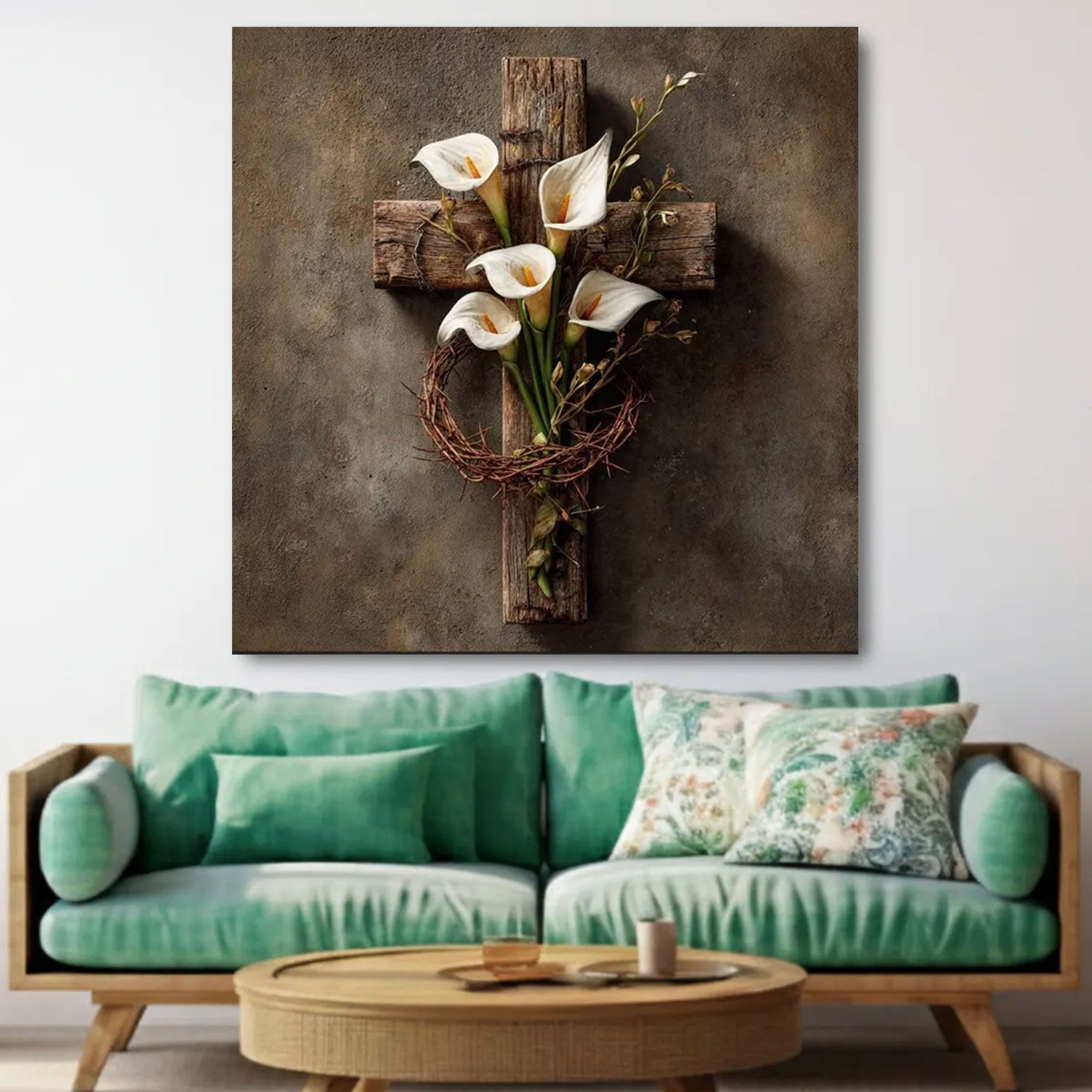Rustic Wooden Cross Canvas Print, Calla Lily and Crown of Thorns Wall Art, Christian Floral Decor, Faith Based Home Decor, Inspirational Gift