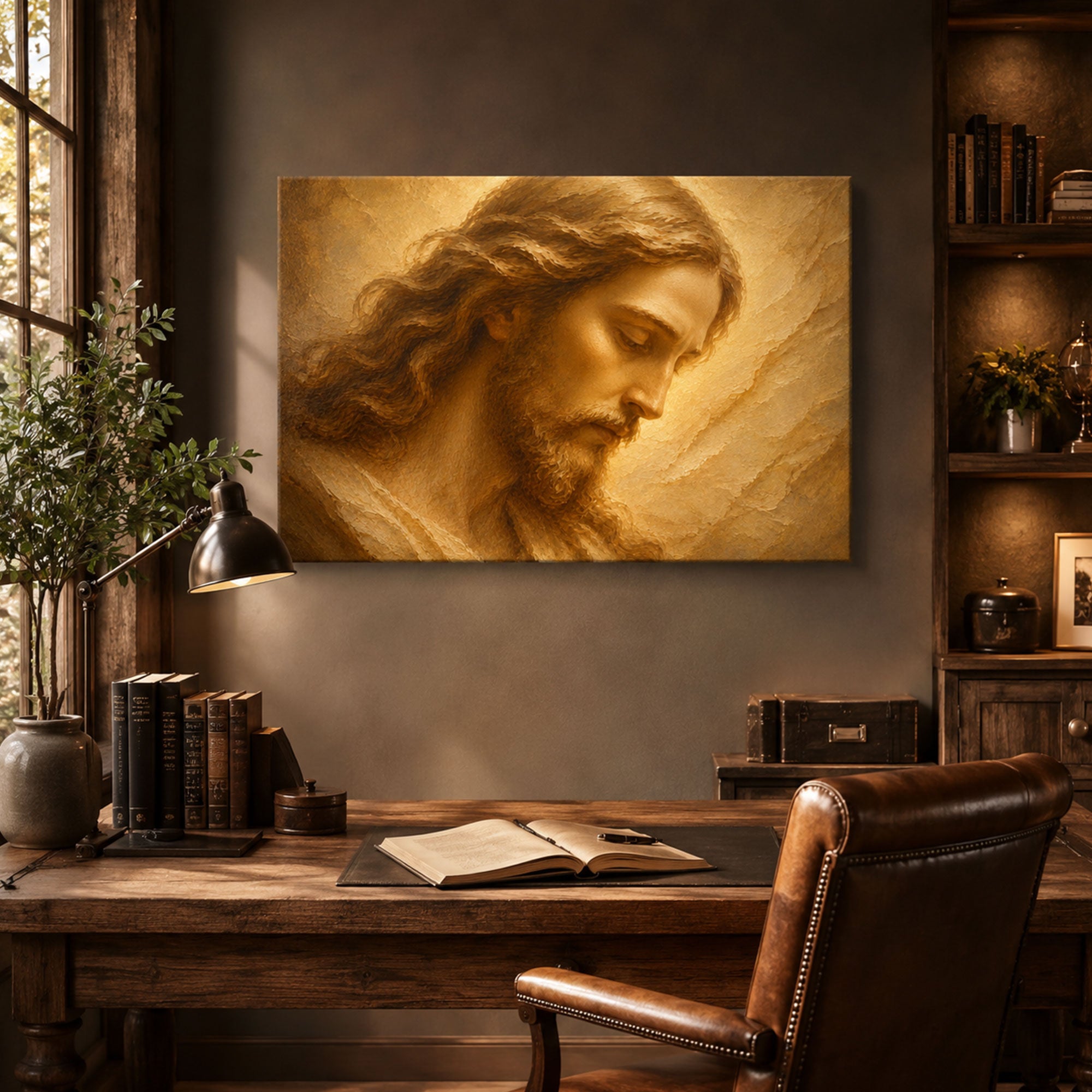 Jesus Christ Portrait Panoramic Canvas Print, Soft Gold Christian Wall Art, Faith Home Decor Gift