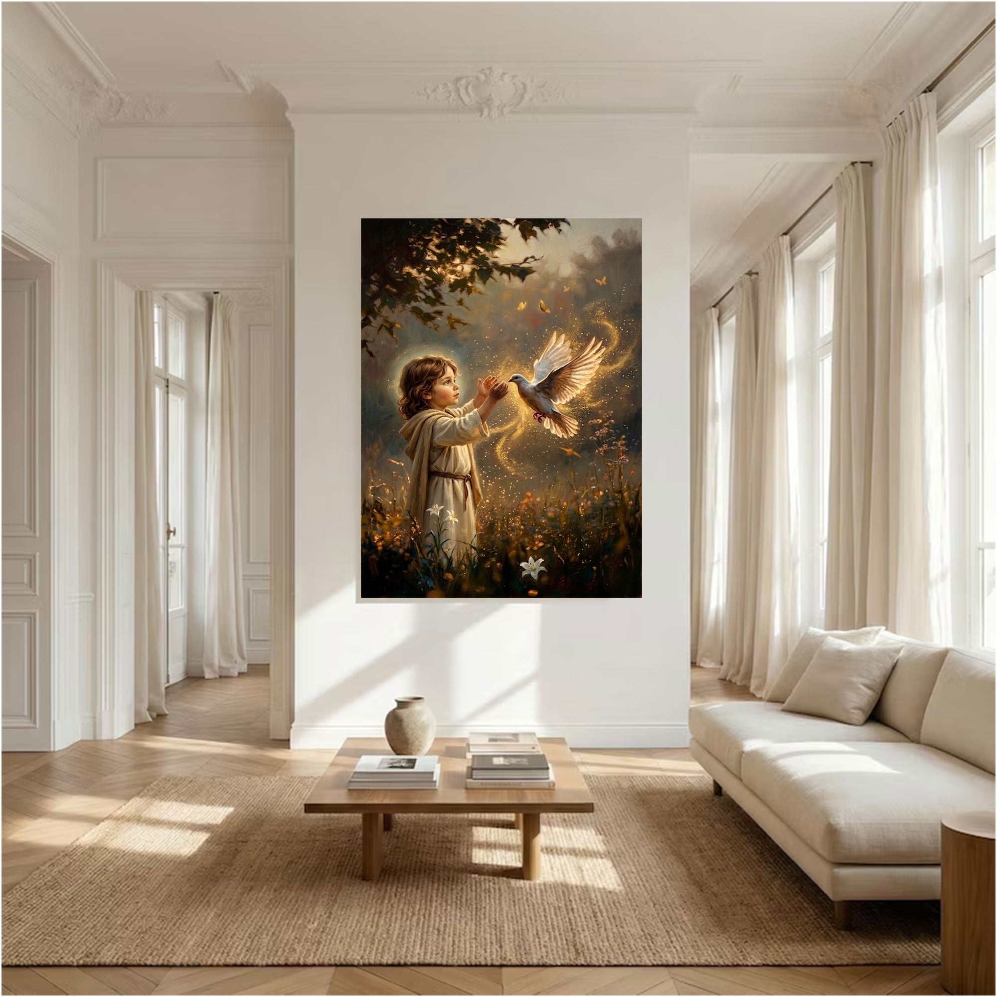 Child with Holy Spirit Dove Canvas Print, Christian Faith Wall Art, Symbol of Innocence and Divine Presence, Spiritual Light Decor, Inspirational Gift