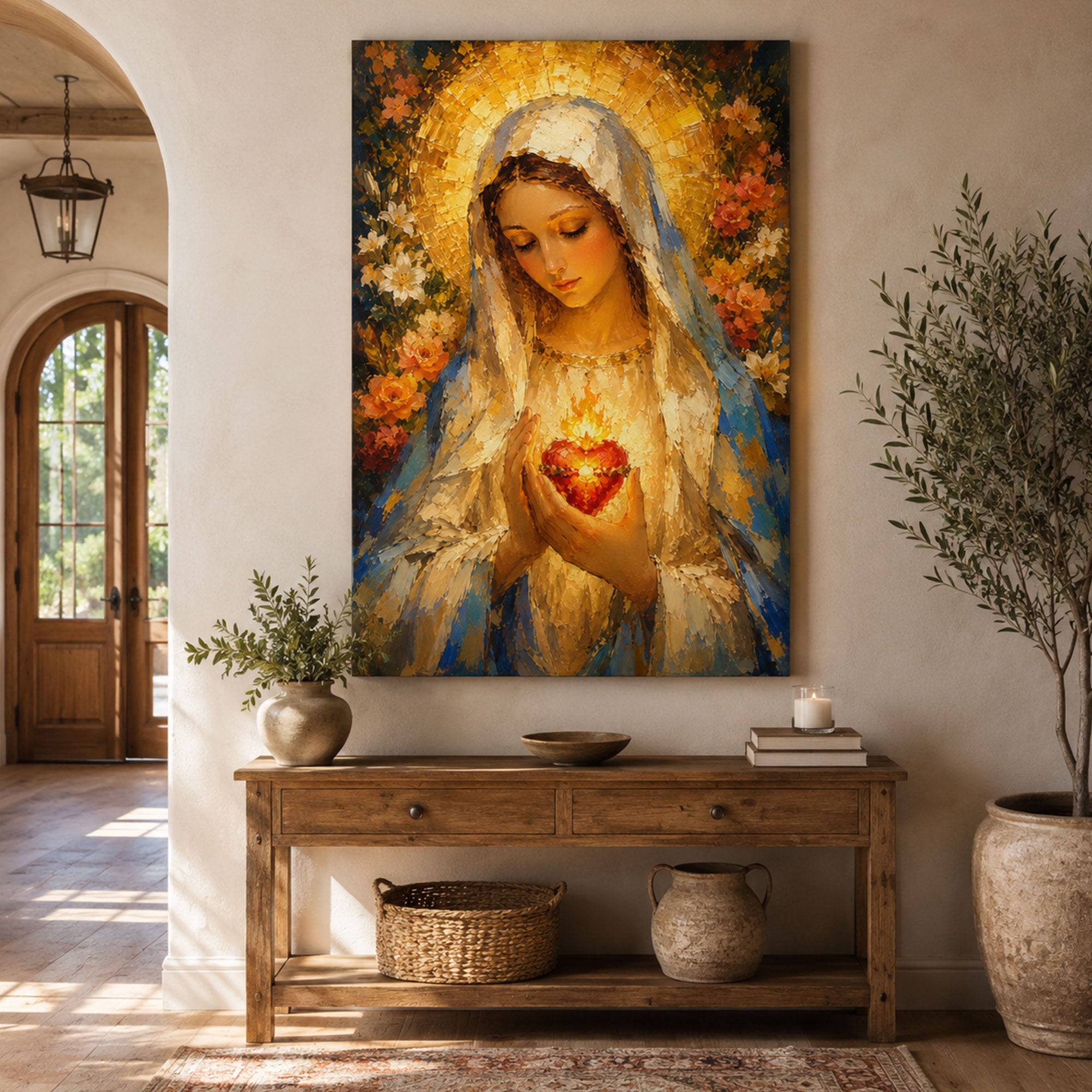 Immaculate Heart of Mary Canvas Print, Blessed Virgin Mary Wall Art, Catholic Sacred Heart Decor, Floral Religious Home Decor