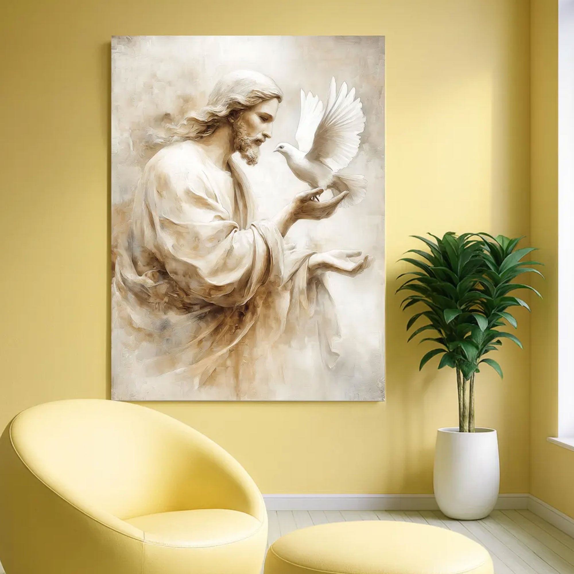 Jesus with Dove Canvas Wall Art, Holy Spirit Neutral Texture Painting, Christian Faith Home Decor