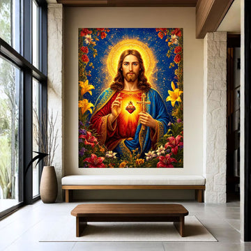 Sacred Heart Jesus Canvas Print Christian Floral Religious Wall Art Faith Inspired Home Decor