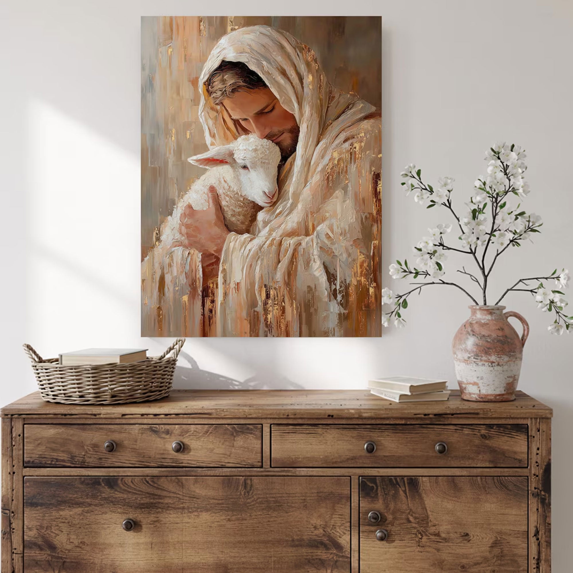 Jesus Hugging Lamb Canvas Print, Christian Wall Art, Good Shepherd Artwork, Religious Home Decor Gift