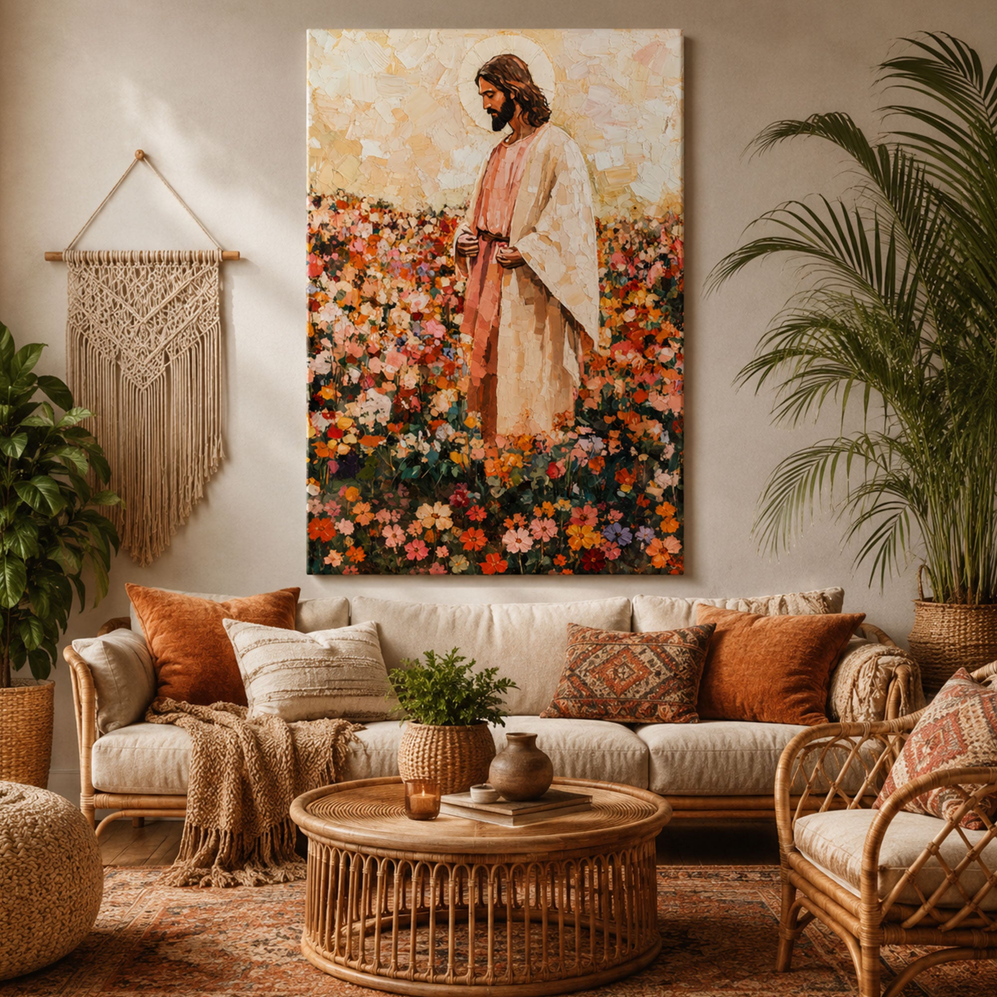 Jesus in Wildflower Field Canvas Print, Impressionist Christian Wall Art, Peaceful Faith Home Decor