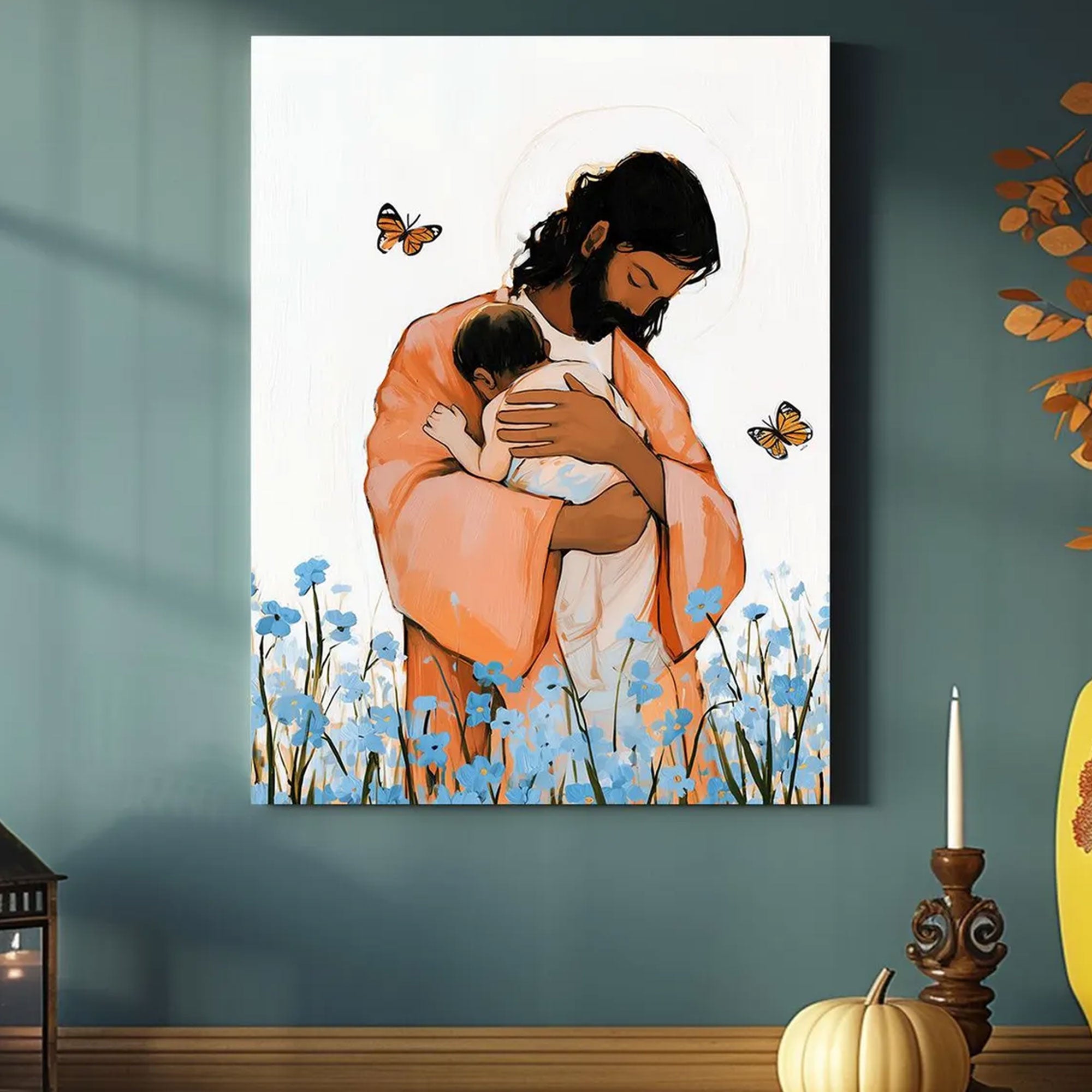 Jesus Holding Child Canvas Wall Art, Heavenly Embrace Painting, Christian Comfort Decor, Faith Inspired Nursery Artwork, Spiritual Gift