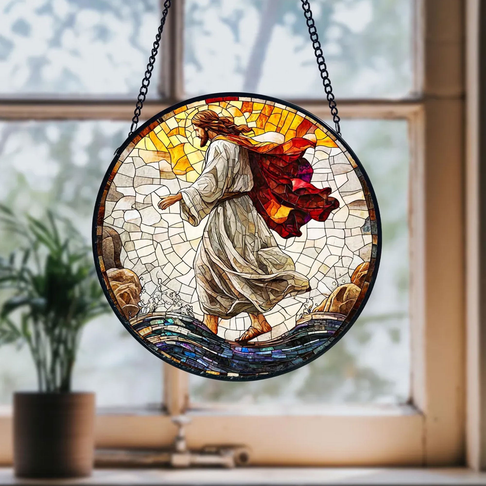 Jesus Stained Glass Suncatcher, Christian Window Hanging Decor, Religious Faith Gift, Spiritual Home Ornament
