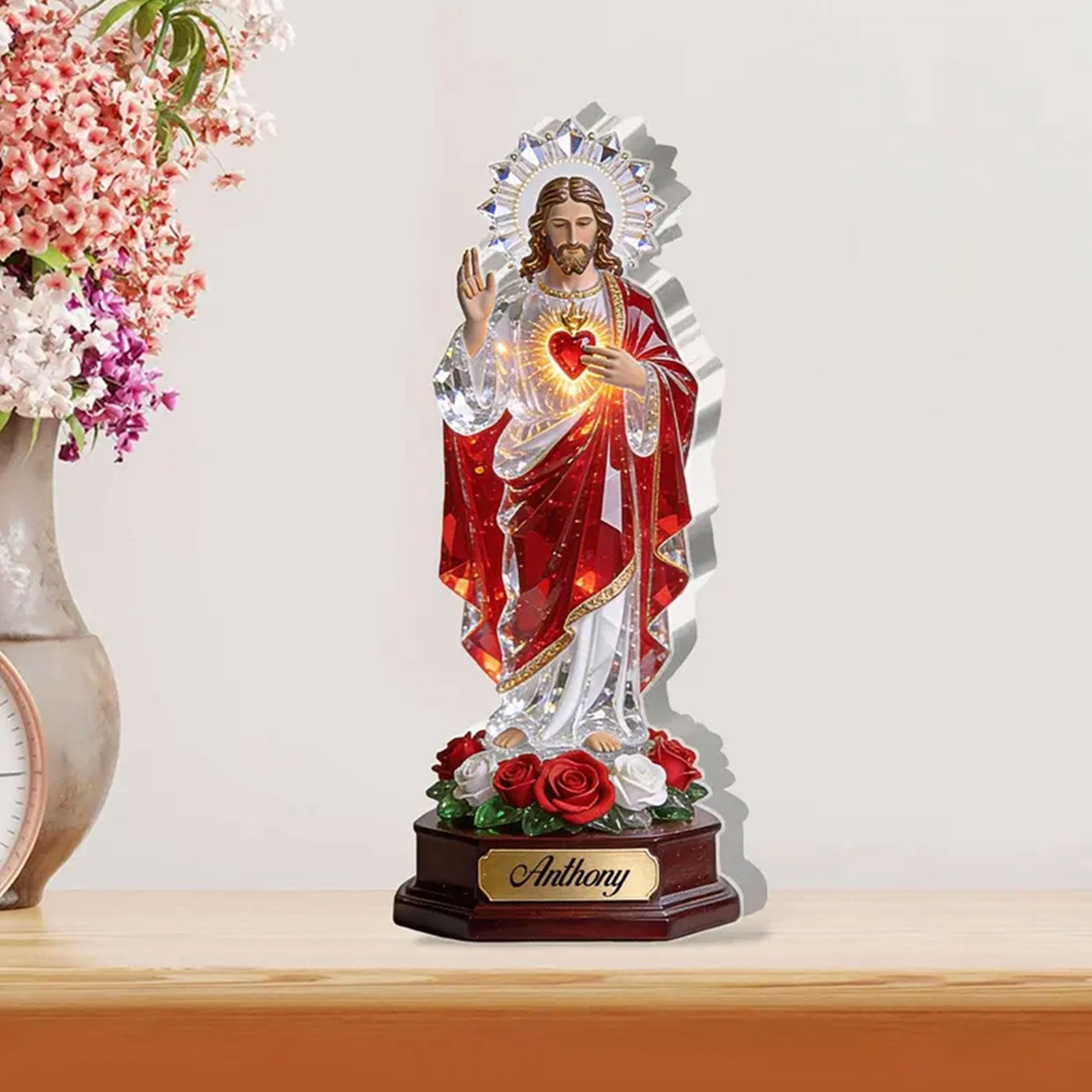 Sacred Heart of Jesus Custom Name Acrylic Plaque, Christian Gift, Single-Sided 2D Flat Religious Table Decor