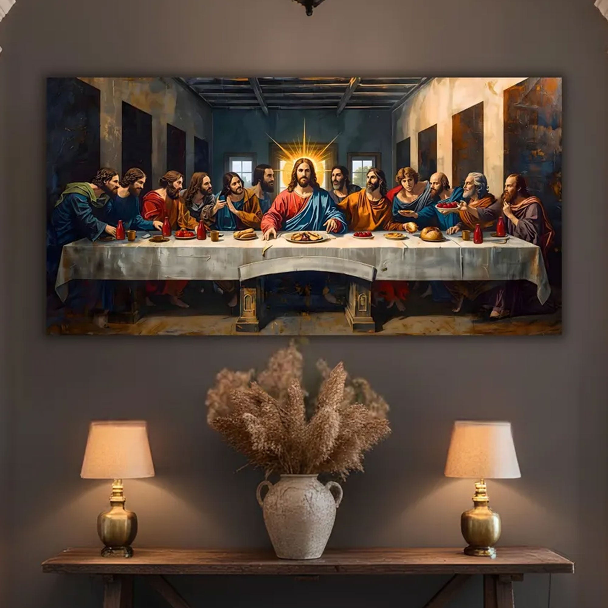Last Supper Wall Art for Living Room, Modern Christian Jesus Canvas Print, Catholic Panoramic Religious Decor
