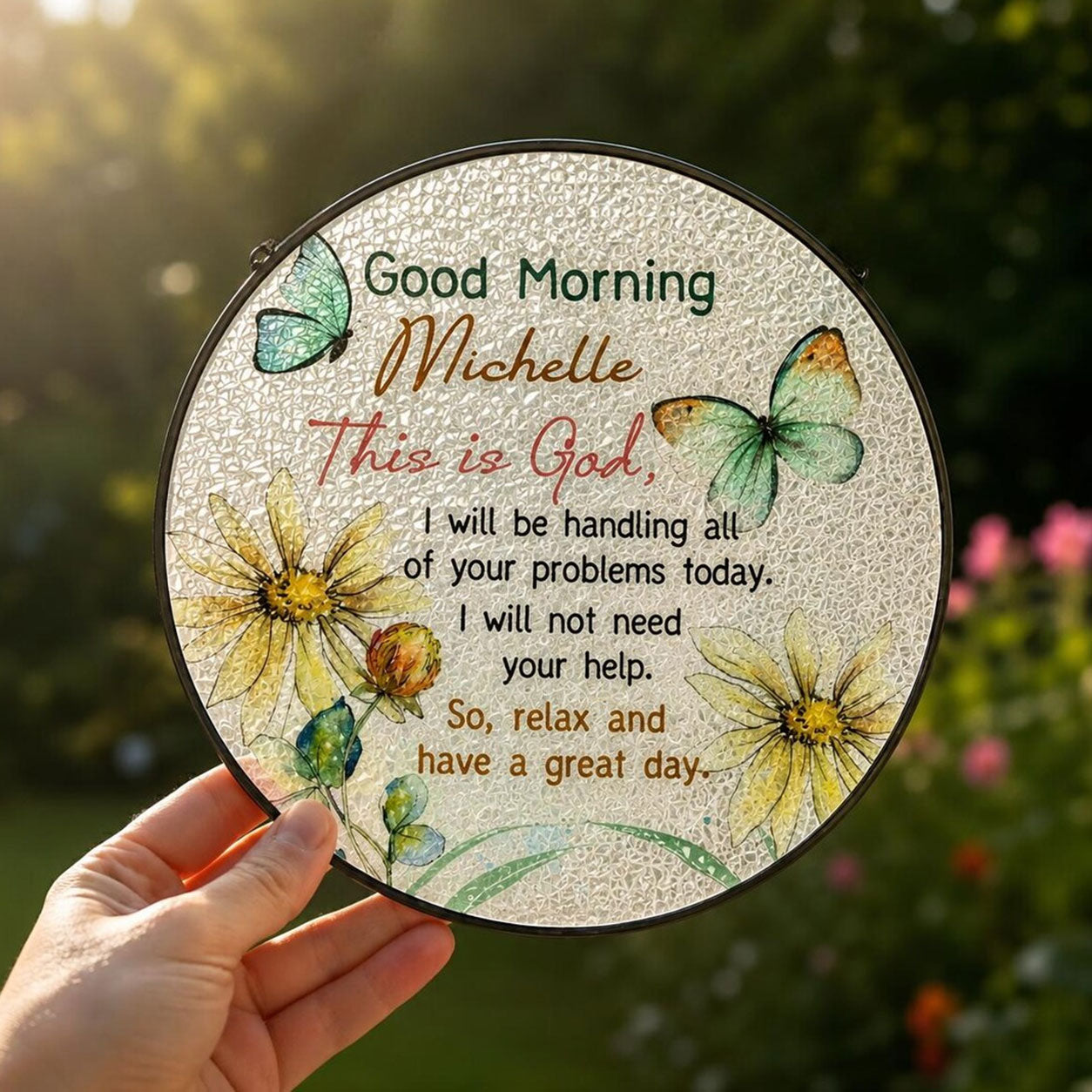 Personalized Good Morning Michelle Suncatcher, God Message Butterfly Floral Window Decor, Christian Gift for Her