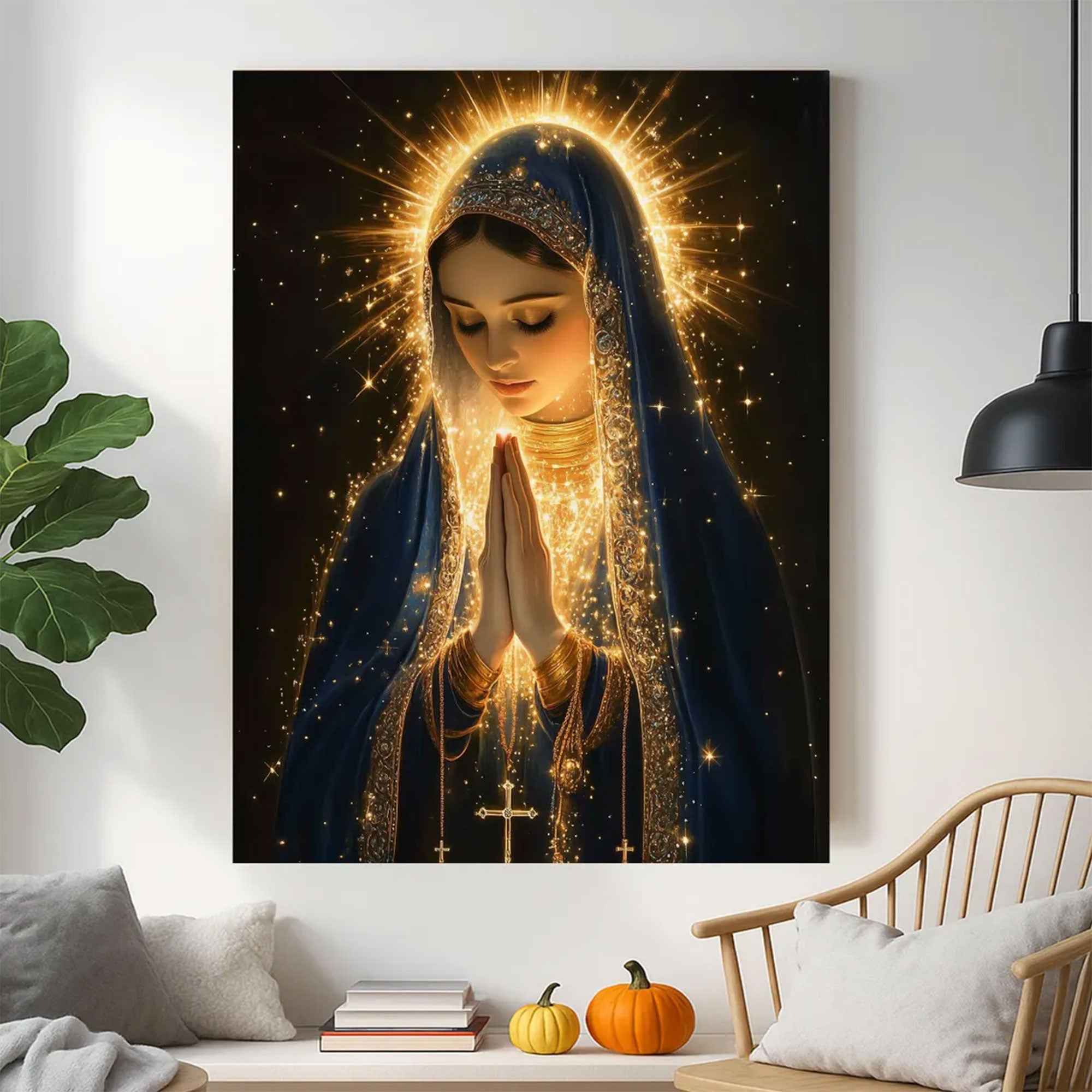 Virgin Mary Canvas Wall Art, Glowing Light Catholic Decor, Spiritual Christian Home Decoration