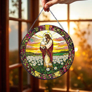 Jesus Holding Lamb Stained Glass Suncatcher, Golden Field Window Hanging, Christian Decor Gift