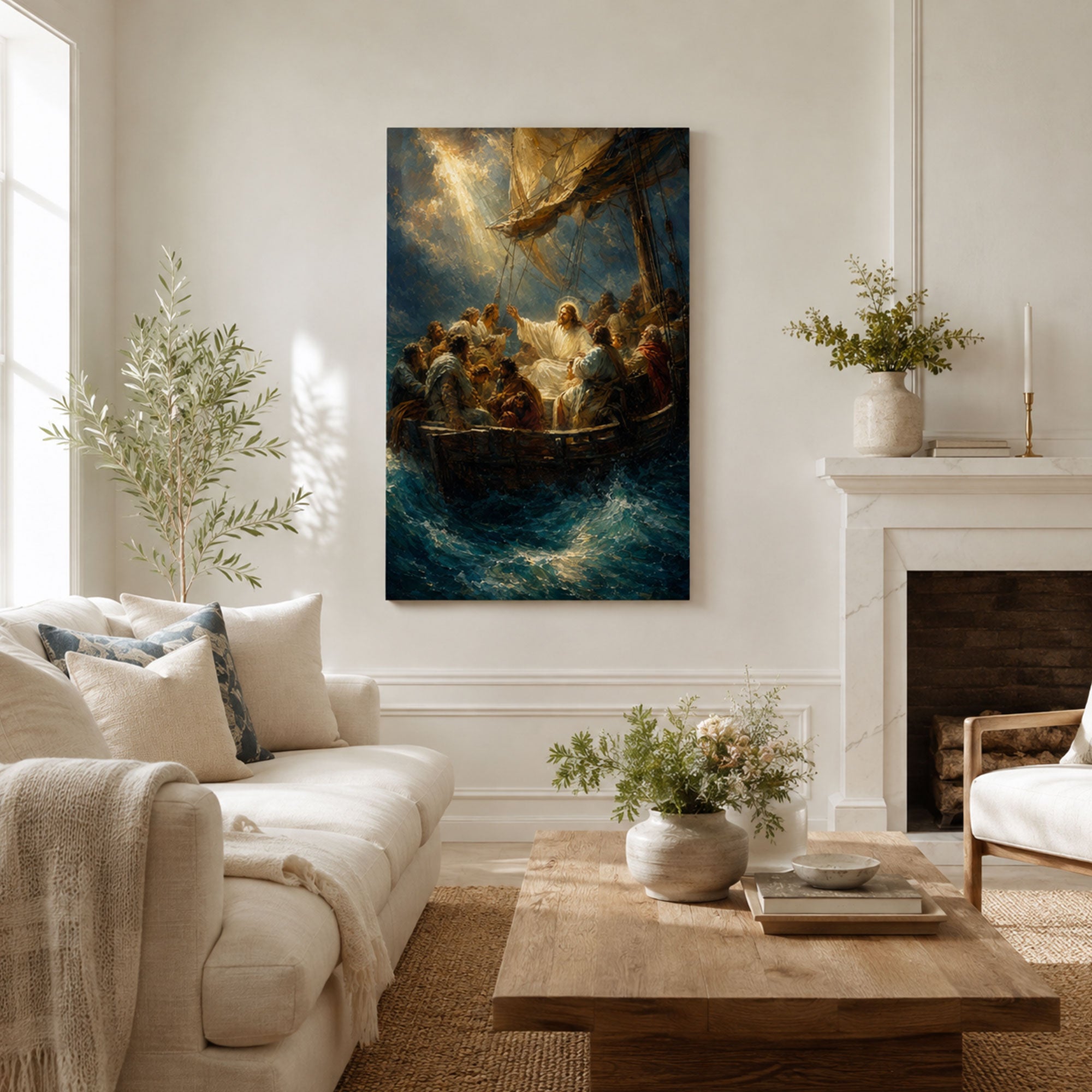 Jesus Calms the Storm Canvas Print, Mark 4:39 Christian Wall Decor, Peace Be Still Faith Gift