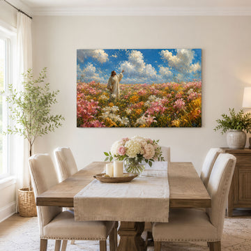 Jesus in a Field of Lilies Canvas Print, Christian Home Decor