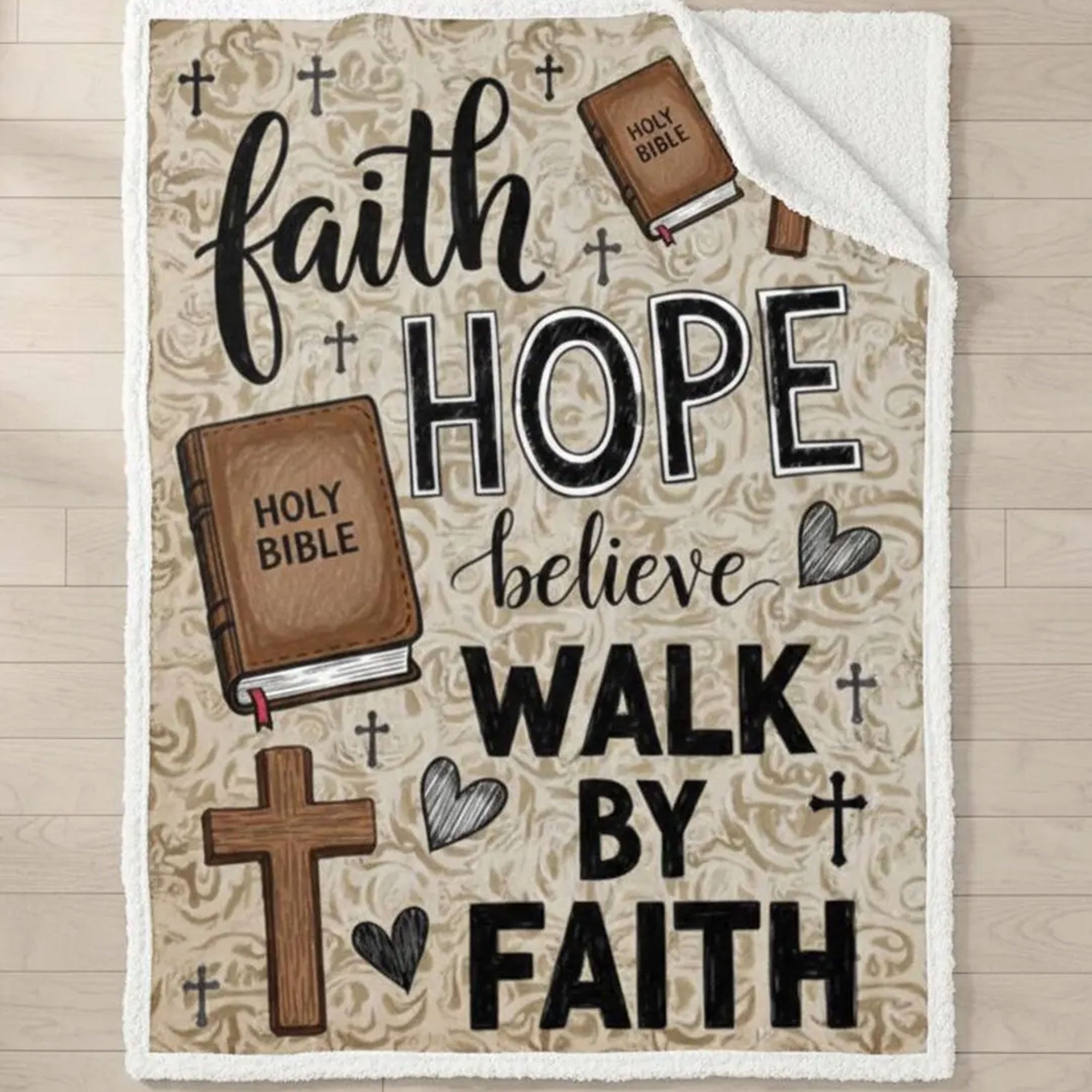 Faith Hope Believe Sherpa Fleece Blanket, Walk By Faith Jesus Throw Blanket, Christian Gift, Inspirational Faith Home Decor