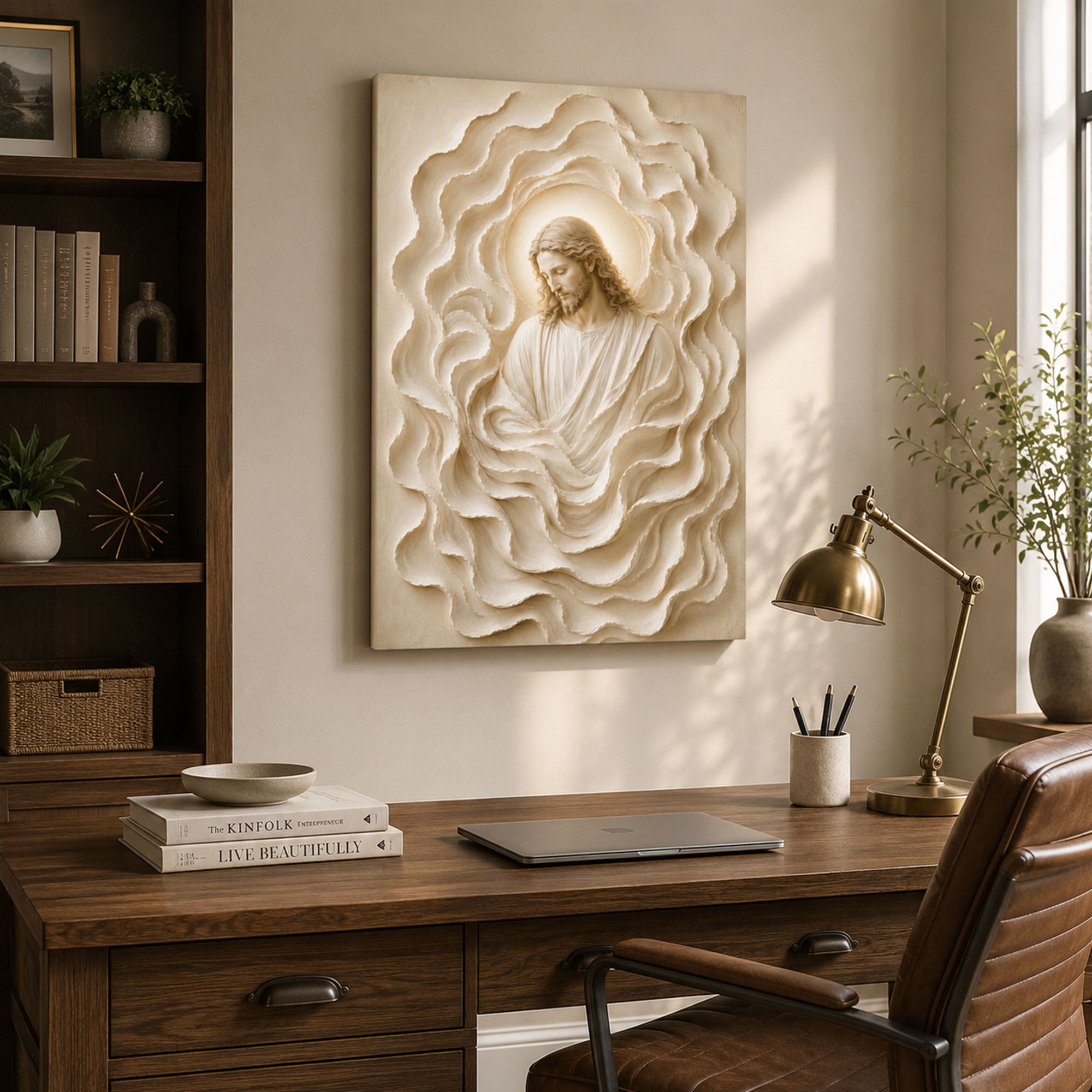 Jesus White Rose Canvas Print, Neutral Christian Floral Wall Art, Faith Home Decor Gift