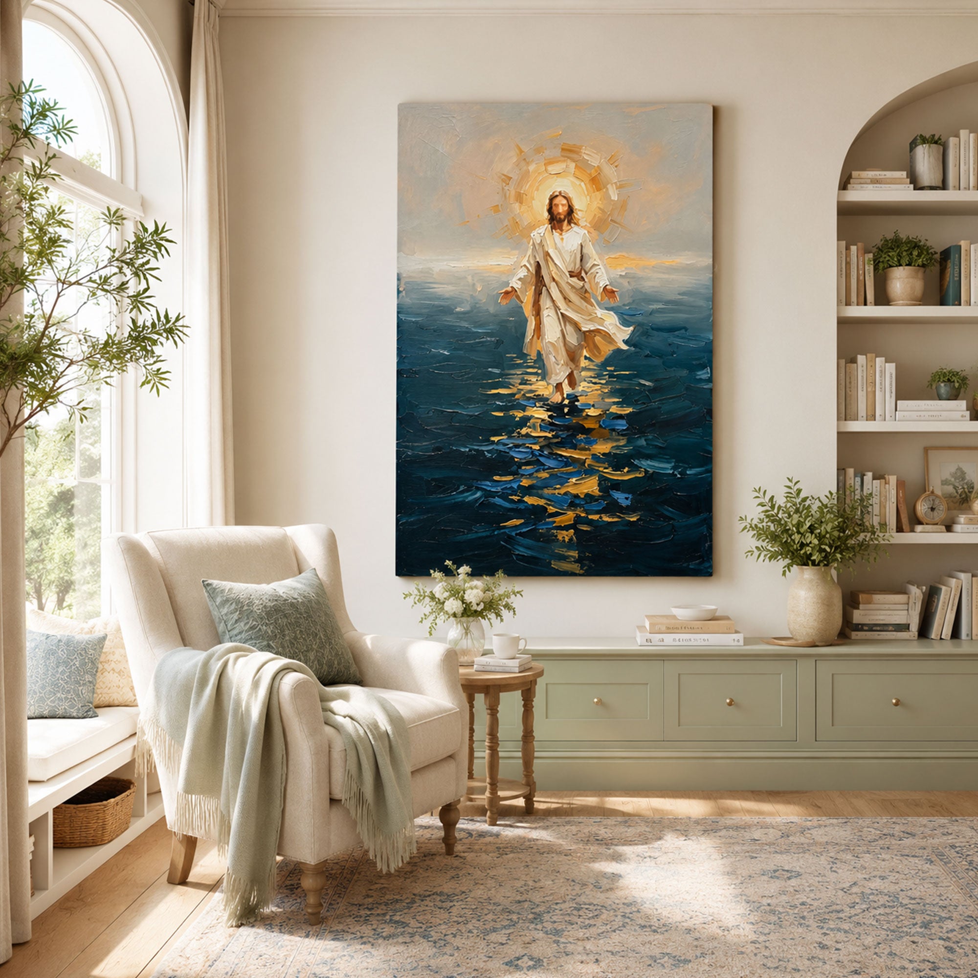 Jesus Walking on Water Canvas Wall Art, Modern Impasto Christian Faith Print, Blue Religious Home Decor, Made to Order Gift