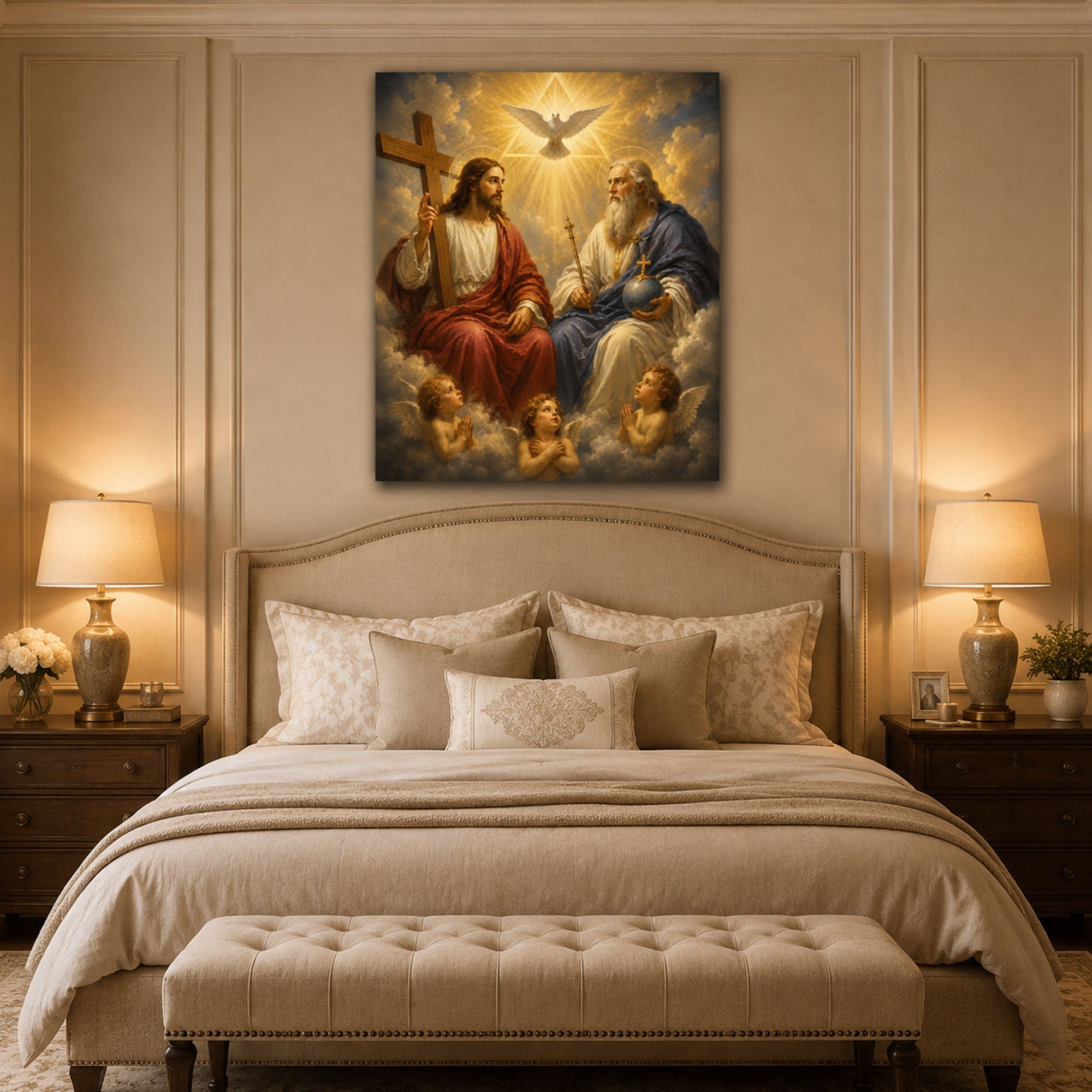 Holy Trinity Catholic Wall Art God the Father Jesus Christ and Holy Spirit Dove Canvas Print Christian Religious Home Decor Sacred Trinity