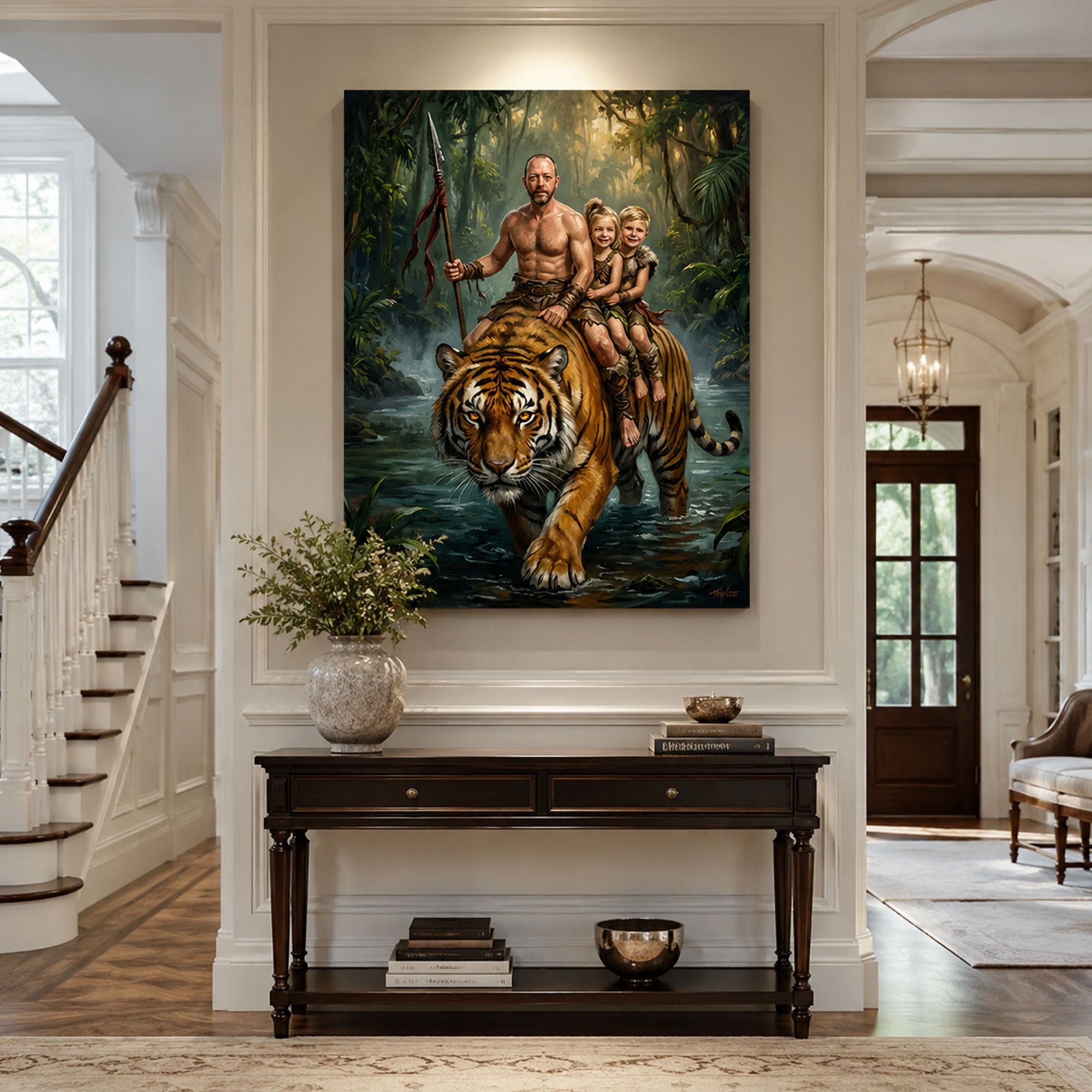 Personalized Beast Master Family Canvas Print, Custom Dad and Kids Tiger Rider Wall Art, Father’s Day Gift