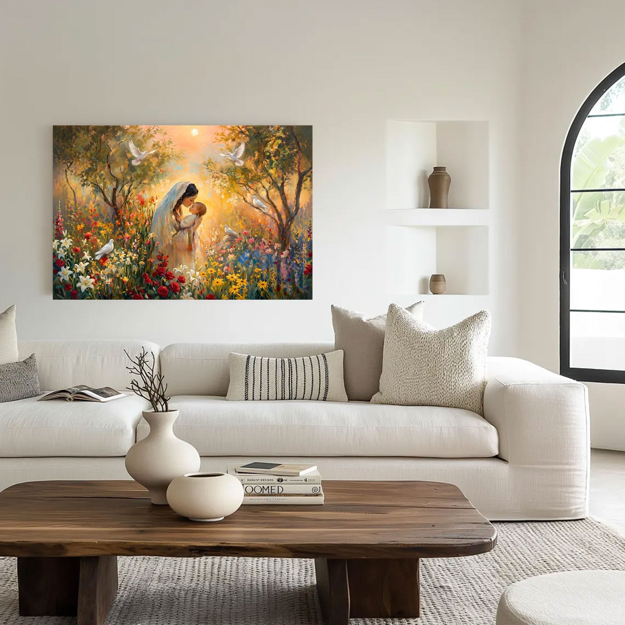 Madonna and Child in Bloom Canvas Print, Virgin Mary with Baby Jesus, A Tender Expression of Love, Peace, and Divine Grace