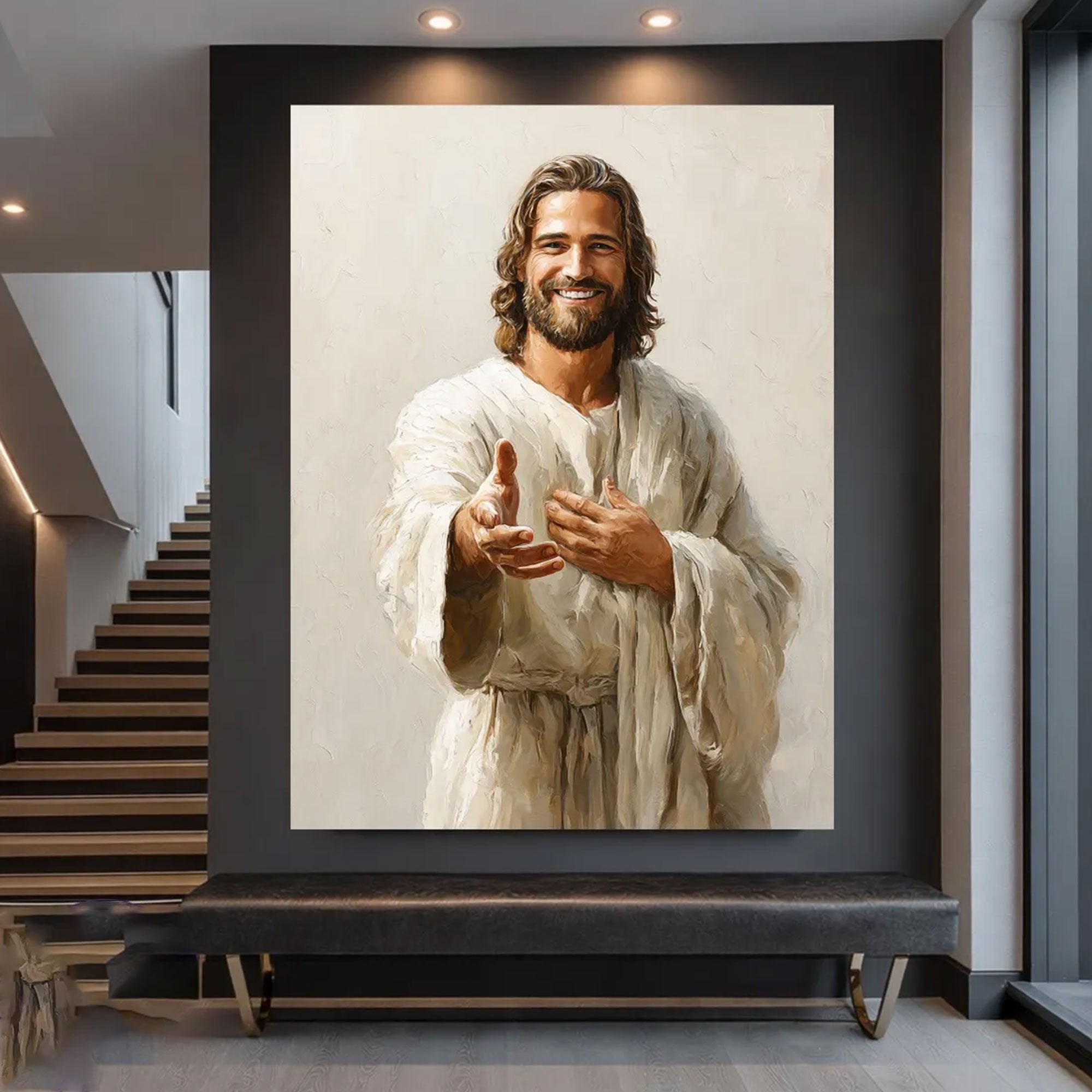 Smiling Jesus Canvas Print, Welcoming Faith Wall Art, Christian Religious Home Decor, Inspirational Gift