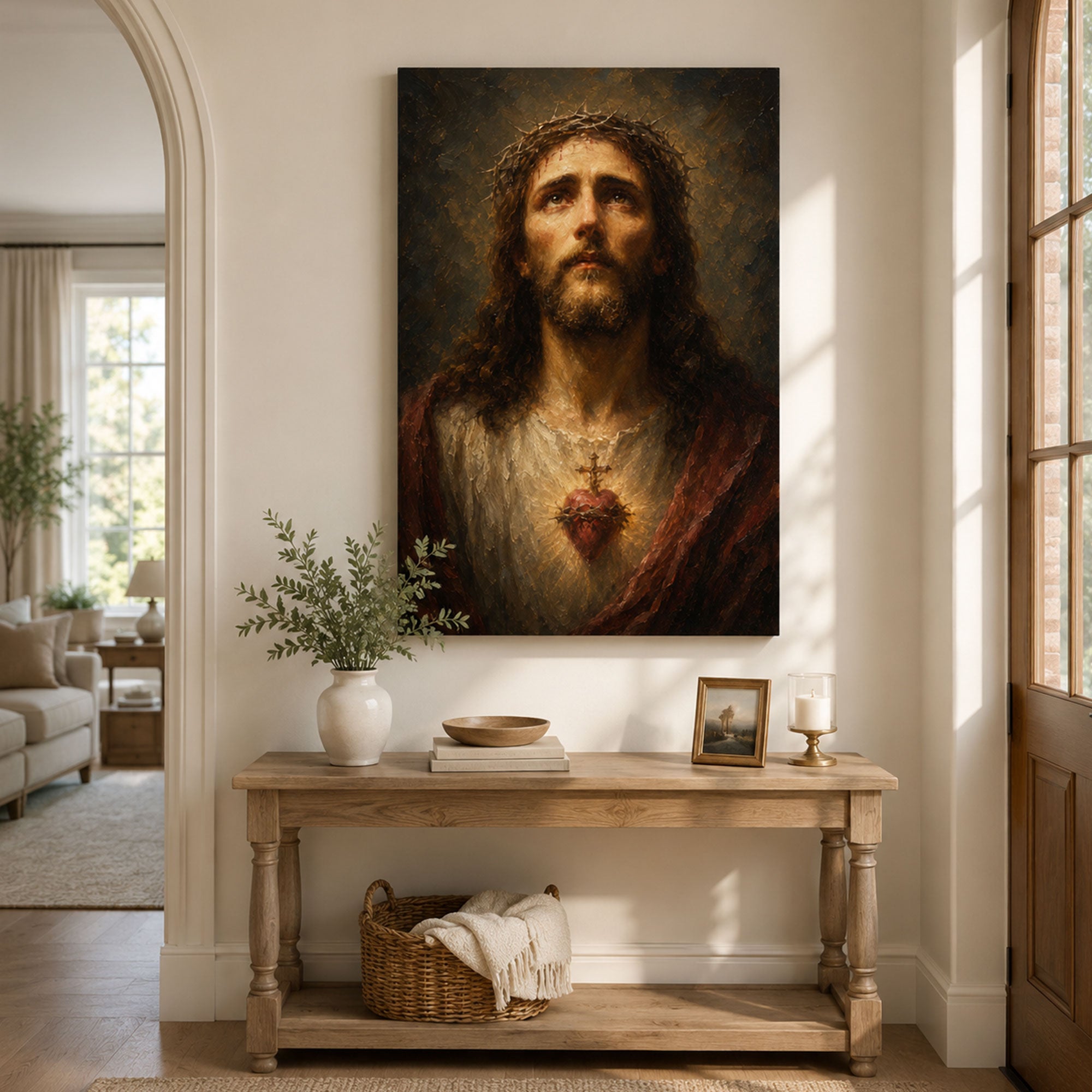 Sacred Heart of Jesus Canvas Print, Crown of Thorns Catholic Wall Decor, Christian Faith Gift