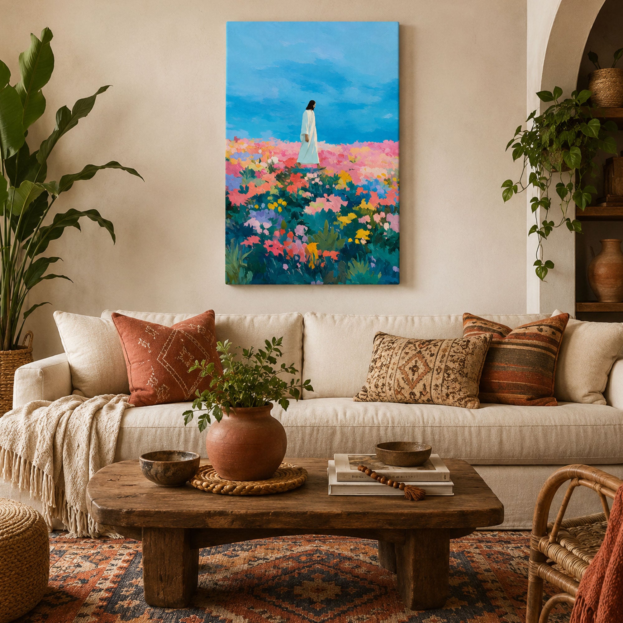 Jesus in Colorful Flower Field Canvas Print, Impressionist Christian Wall Art, Inspirational Faith Home Decor