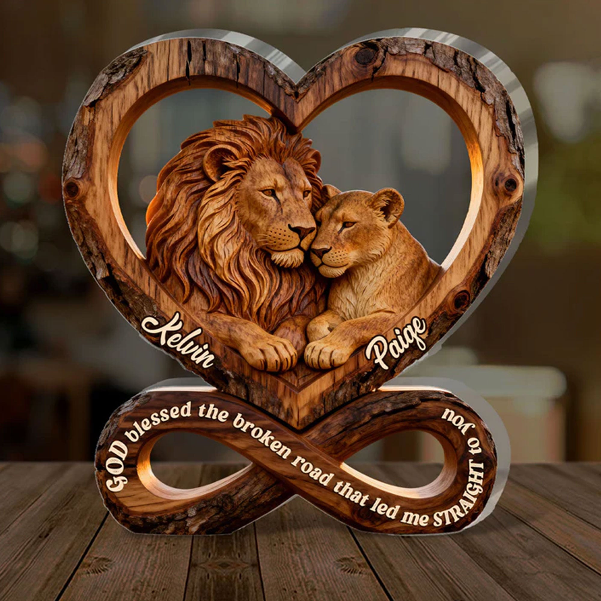 Personalized Lion Couple Acrylic Plaque, God Blessed the Broken Road, Anniversary Gift