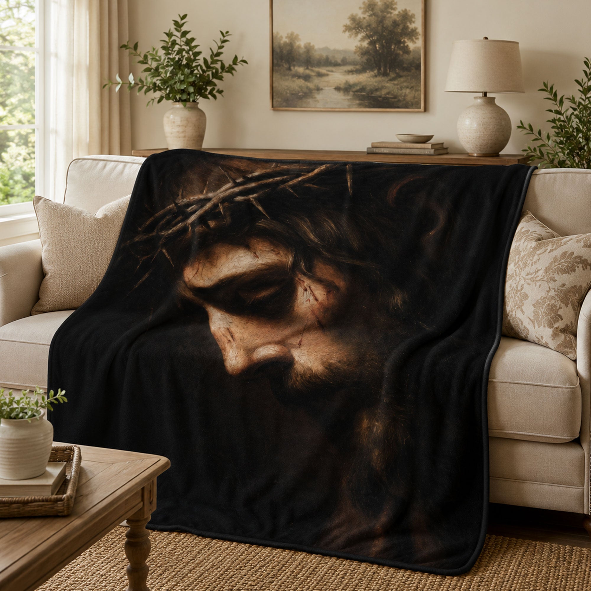 Jesus Crown of Thorns Fleece Blanket, Passion of Christ Christian Throw, Faith Gift for Believers