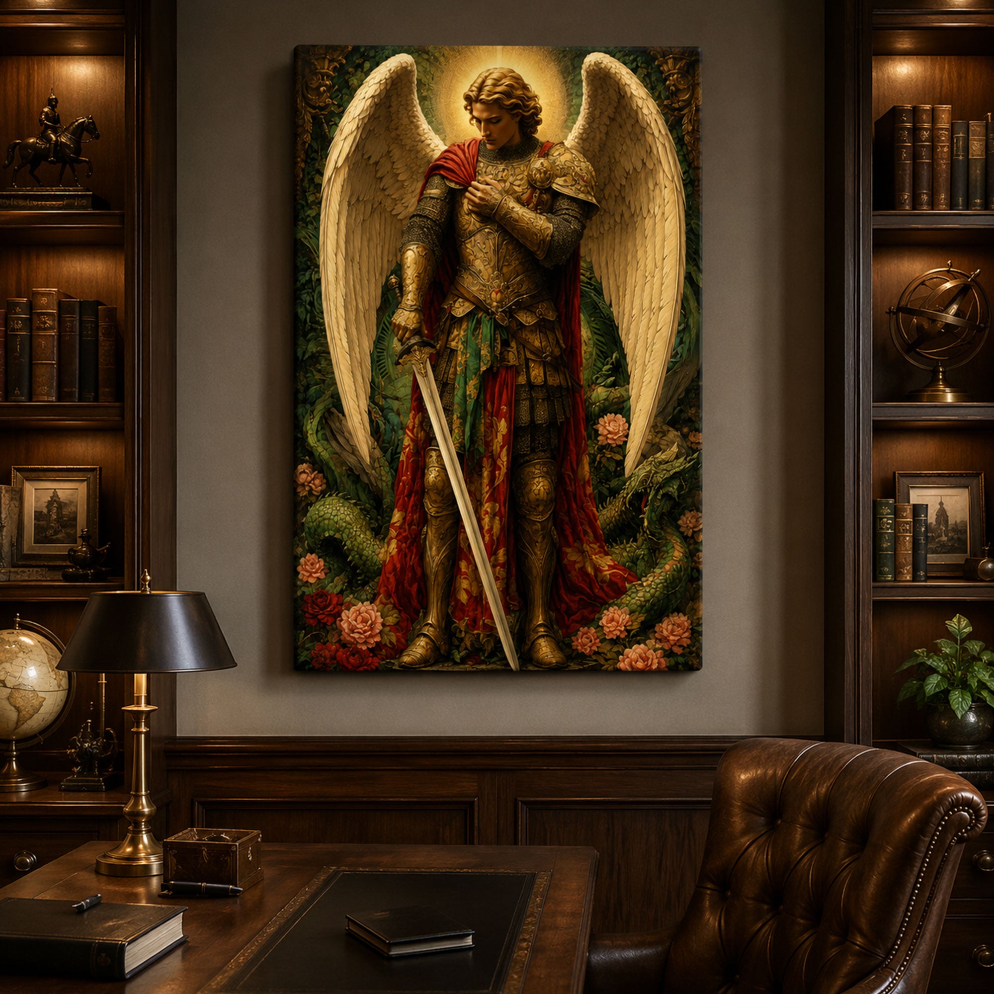 Saint Michael Archangel with Sword Canvas Print, Catholic Warrior Angel Wall Art, Faith Home Decor Gift