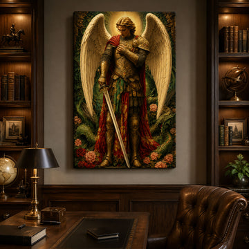 Saint Michael Archangel with Sword Canvas Print, Catholic Warrior Angel Wall Art, Faith Home Decor Gift