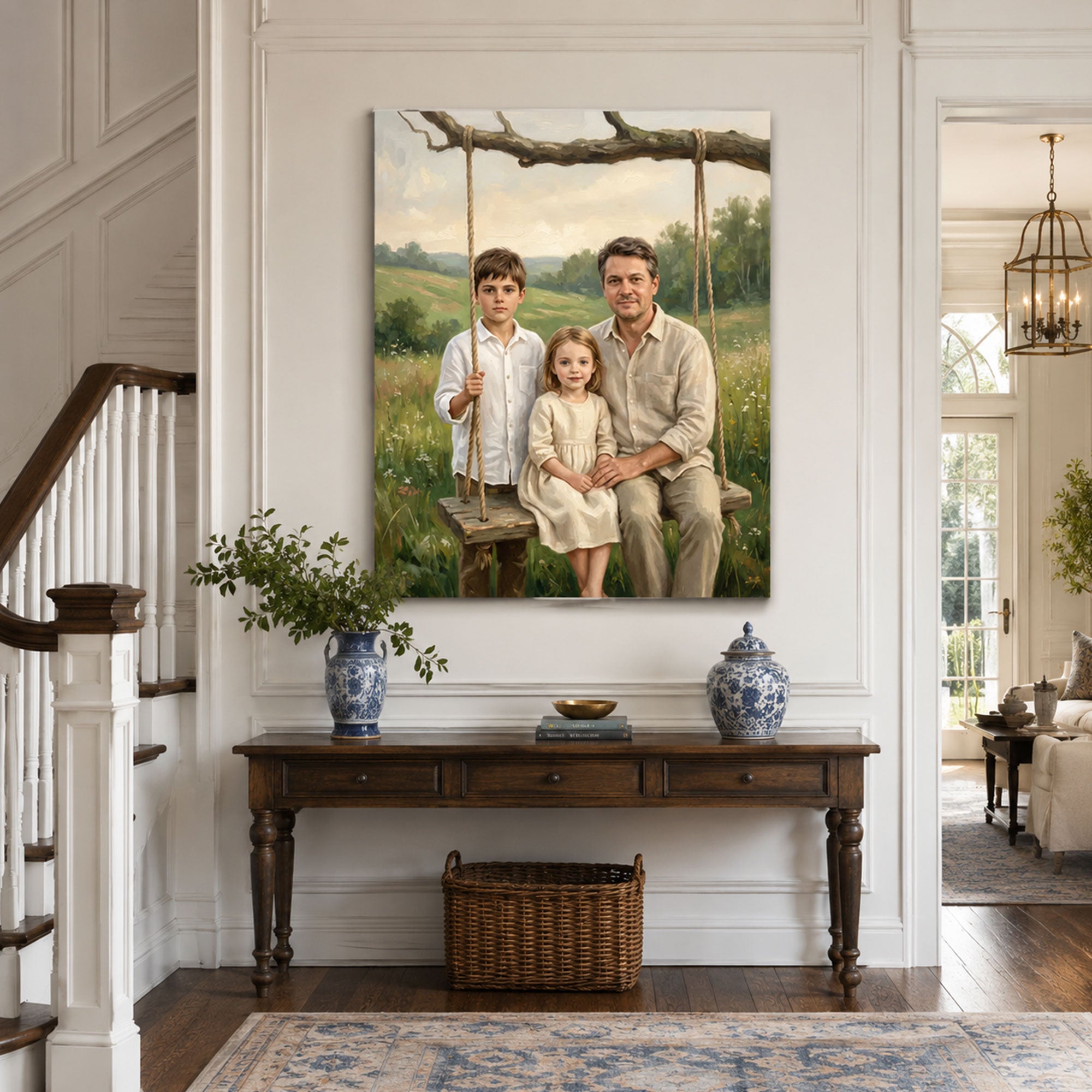 Custom Face For Dad Memory Swing Canvas, Personalized Father and Kids Portrait, Father’s Day Gift