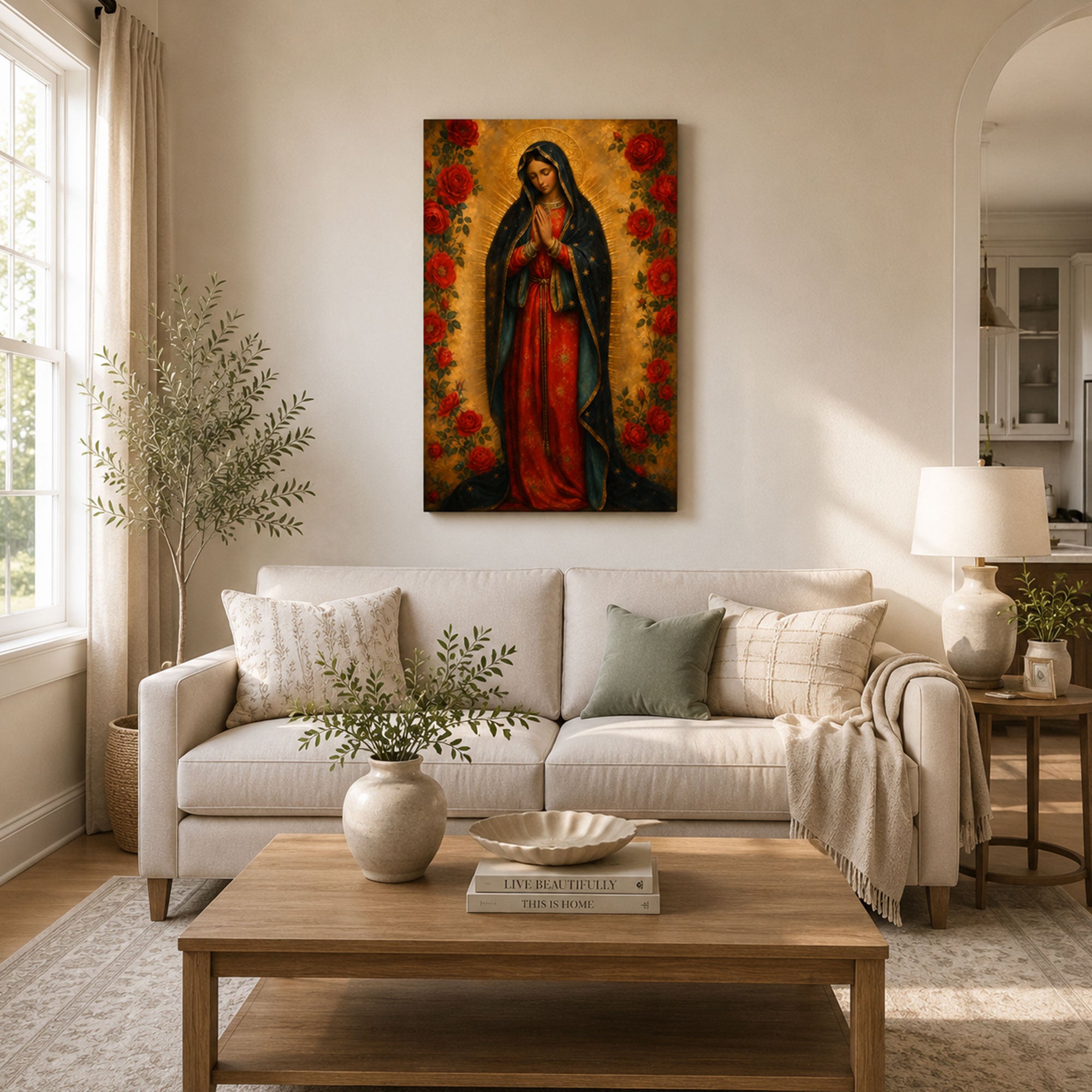 Our Lady of Guadalupe with Roses Canvas Print, Virgin Mary Catholic Wall Decor, Marian Faith Gift