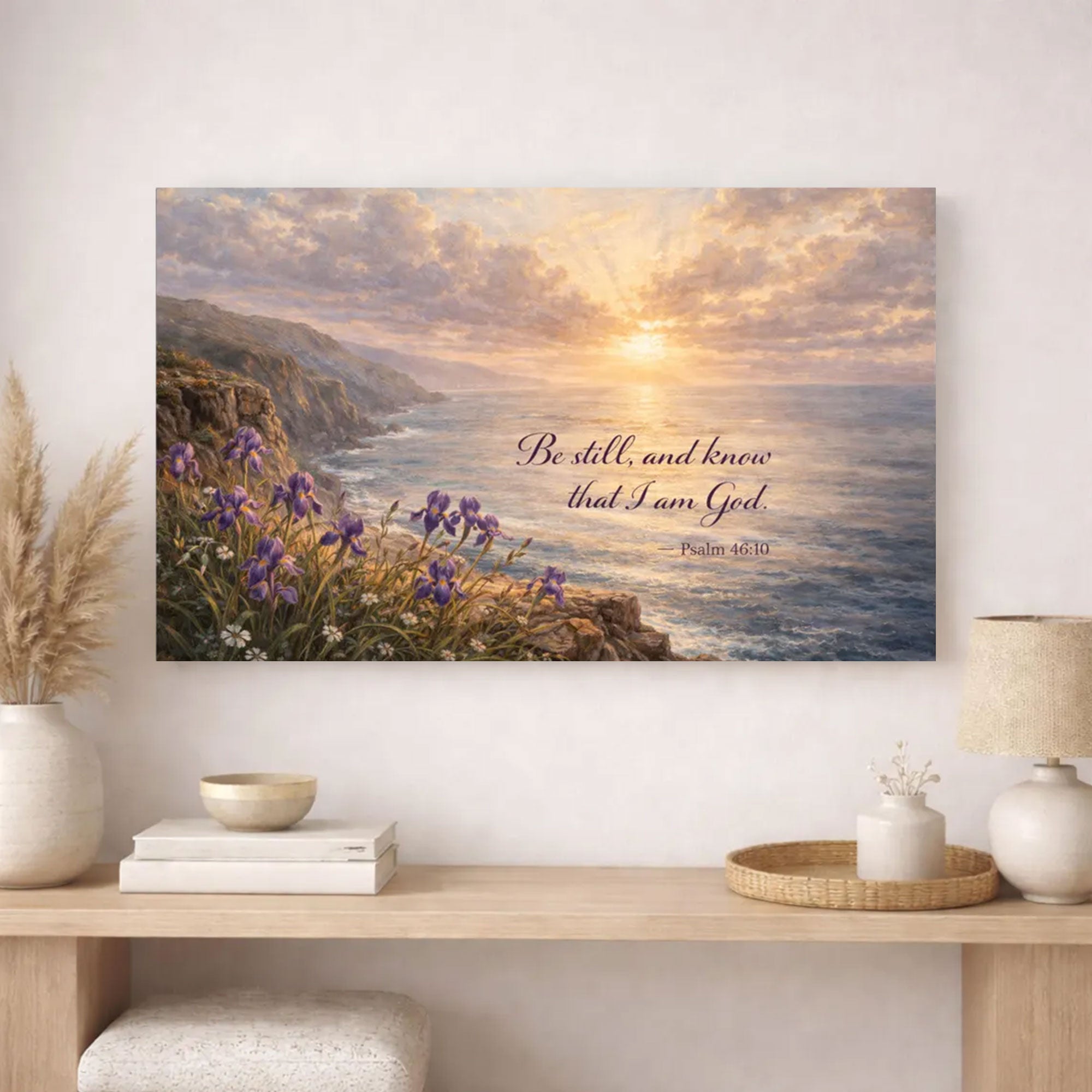 Psalm 46:10 Be Still and Know Canvas Print, Christian Ocean Cliff Wall Art, Coastal Landscape Bible Verse Decor Gift